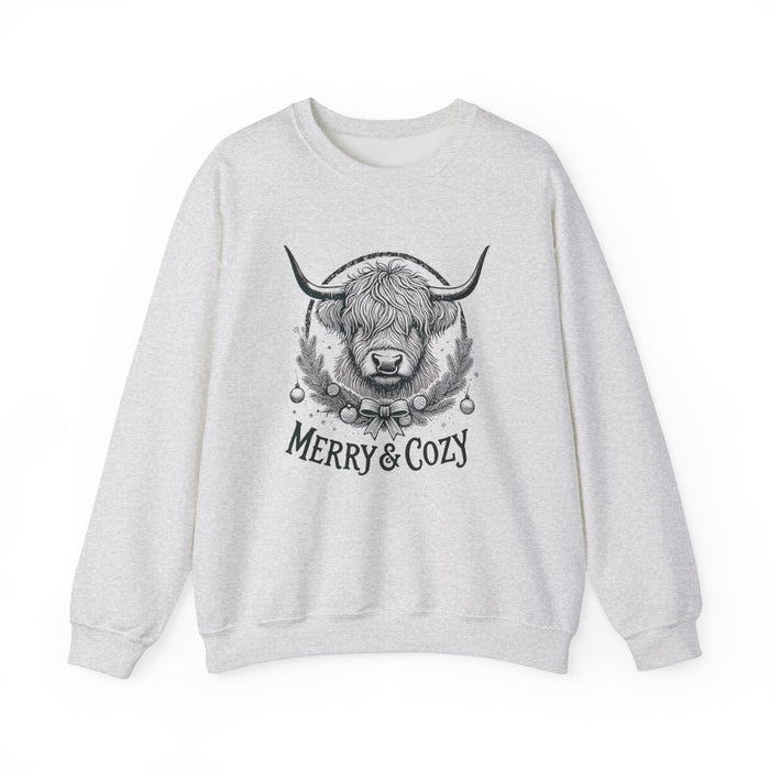 Merry and Cozy Highland Cow Christmas Graphic Unisex Heavy Blend Crewneck Sweatshirt