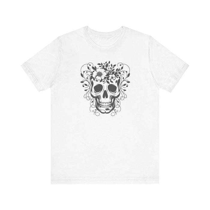 Floral Skull T-Shirt Design - Live Wild Skull with Flowers and Vines Graphic Tee Great Gift, Skateboarder Shirt, Rock and Roll Shirt, Rose