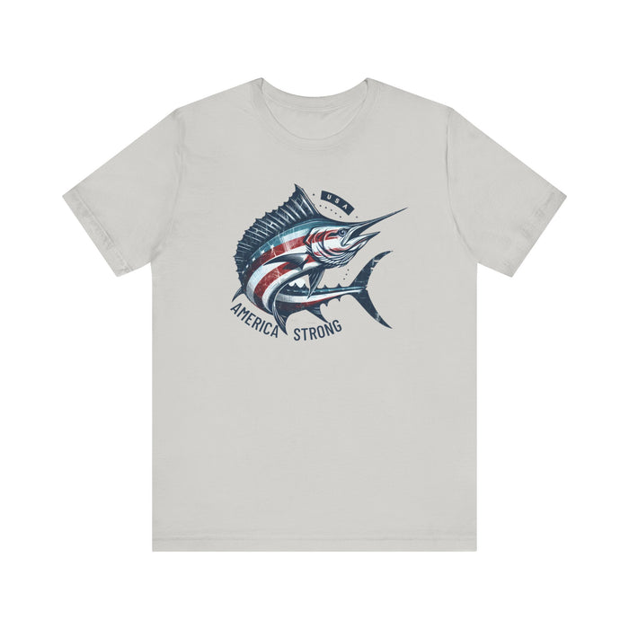 Patriotic Marlin America Strong Unisex Jersey Short Sleeve Tee Soft Cotton Classic Nature Great Gift, Husband Gift, Wife Gift, Fishing Shirt