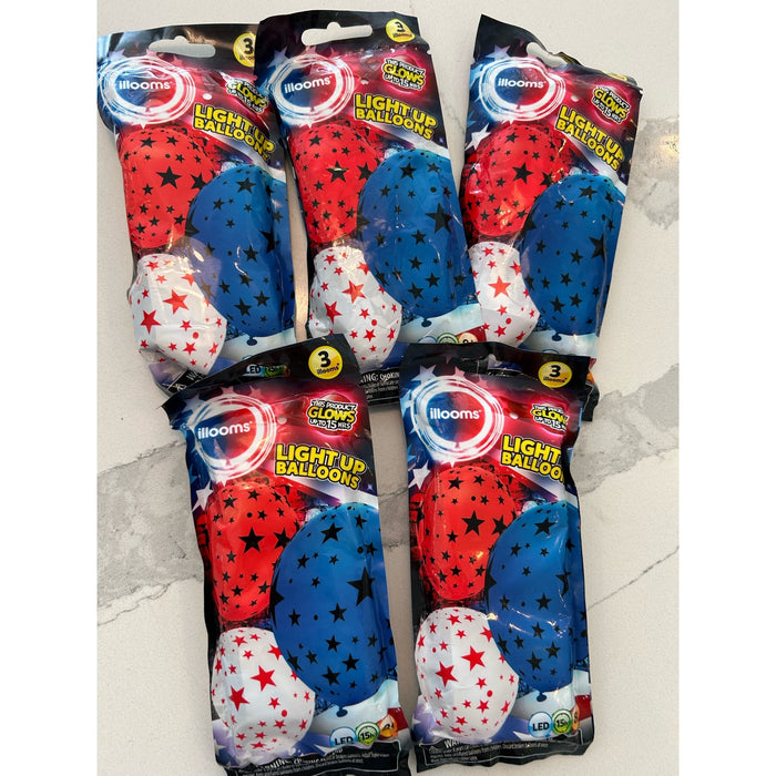 Illooms bundle of 5 packs Patriotic Light Up Balloons 15 Balloons Total