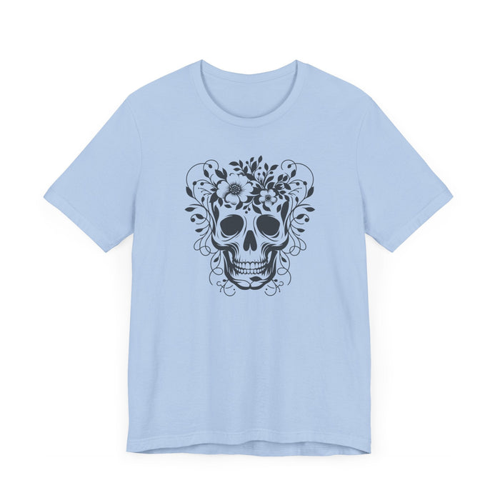 Floral Skull T-Shirt Design - Live Wild Skull with Flowers and Vines Graphic Tee Great Gift, Skateboarder Shirt, Rock and Roll Shirt, Rose