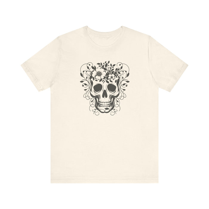 Floral Skull T-Shirt Design - Live Wild Skull with Flowers and Vines Graphic Tee Great Gift, Skateboarder Shirt, Rock and Roll Shirt, Rose