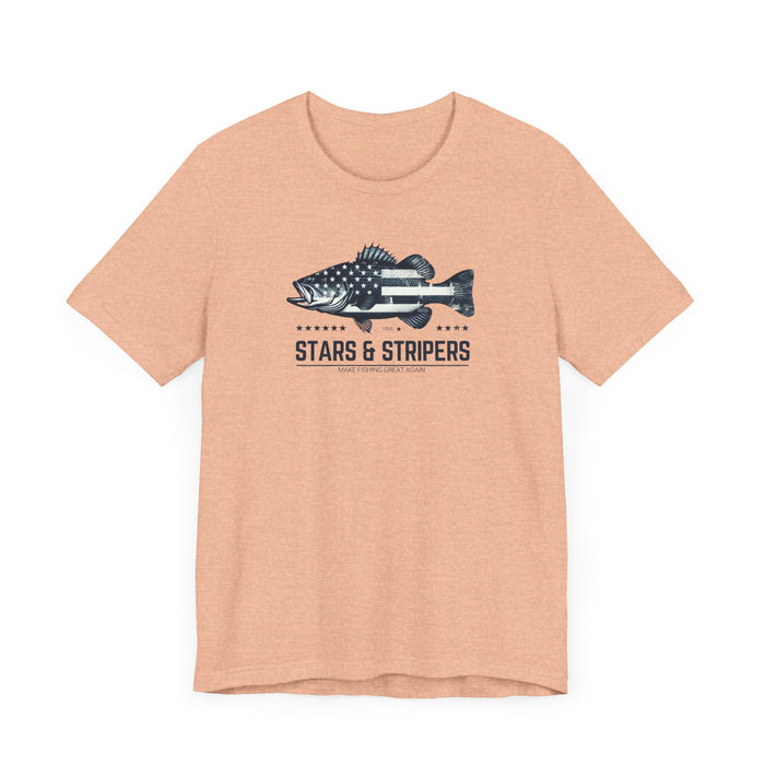 Patriotic Bass Fishing Stars & Stripers Jersey Short Sleeve Tee Soft Cotton Classic Nature Great Gift, Husband Gift, Wife Gift Fishing Shirt