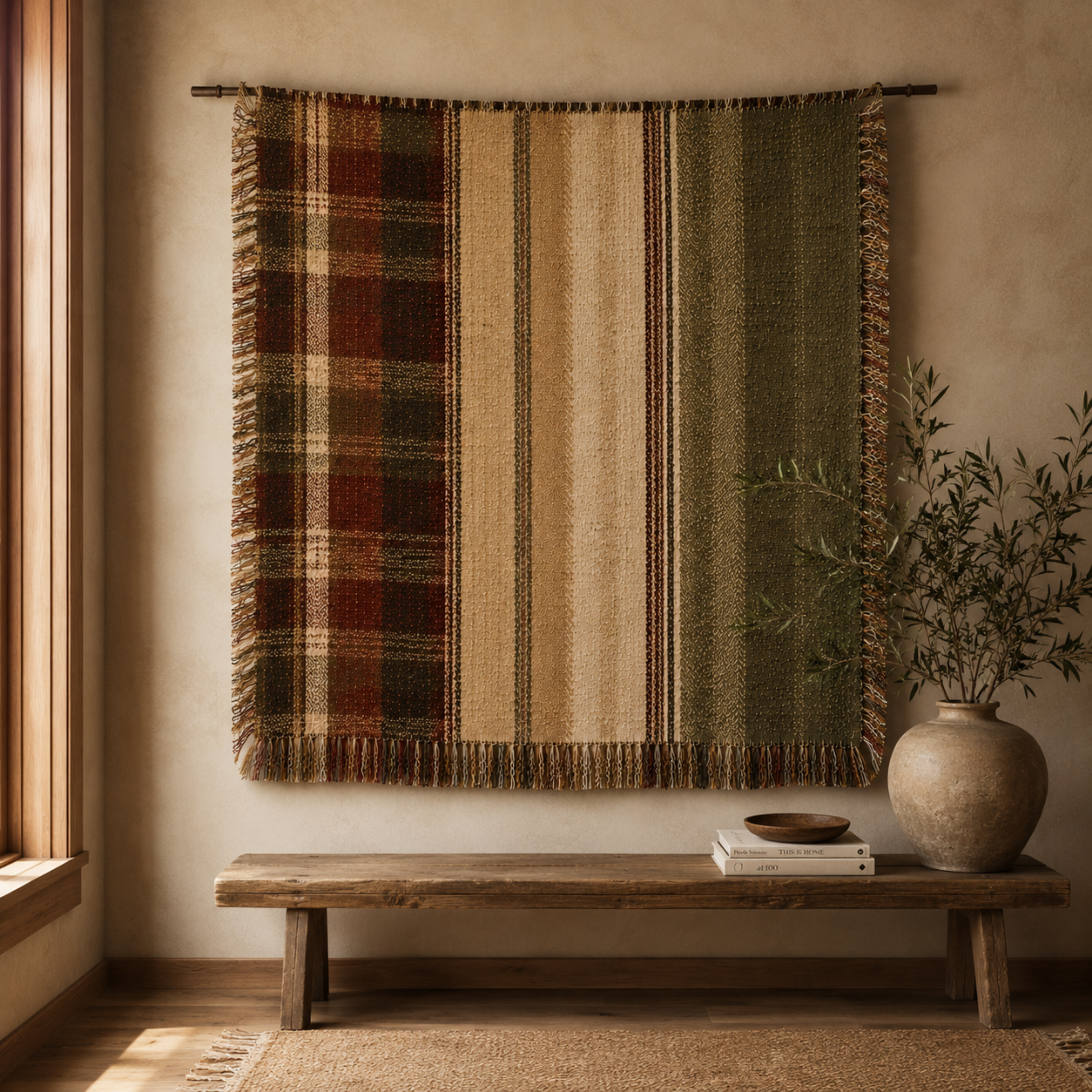Hudson Valley Plaid woven cotton throw blanket hung as wall tapestry, classic plaid pattern in espresso cider oat moss and sage with multicolor fringe, organic modern interior with wooden bench and clay vessel