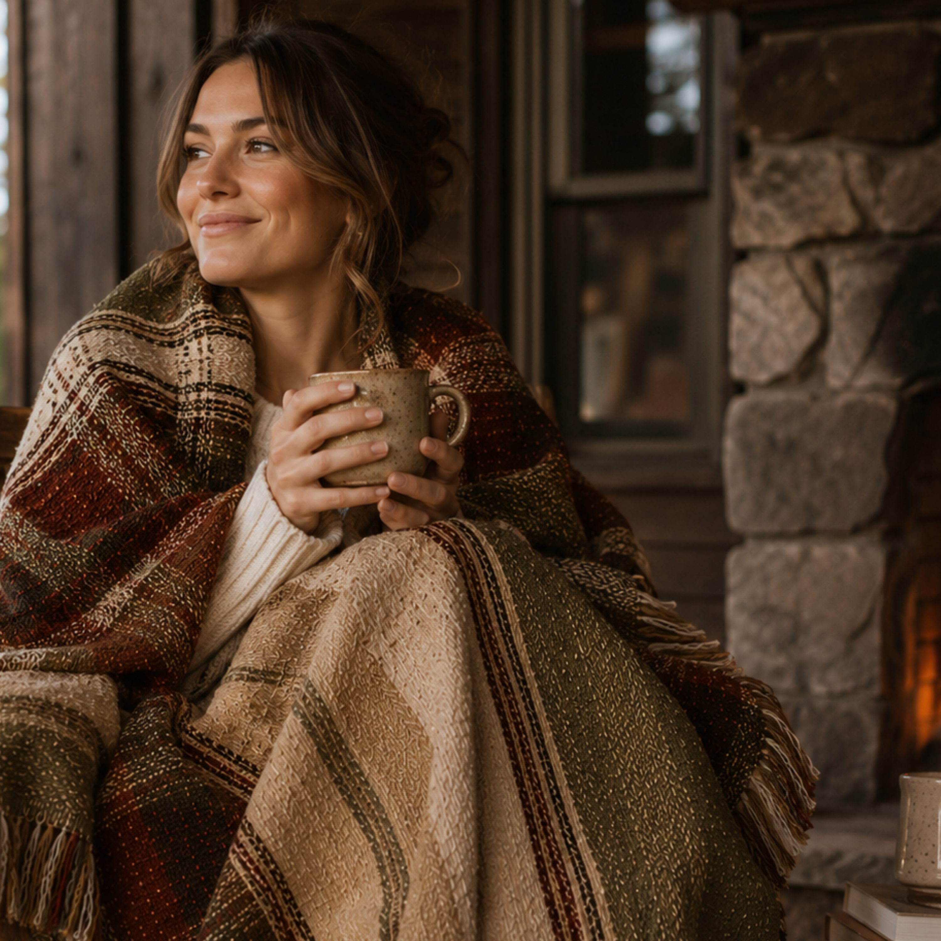Woman wrapped in Hudson Valley Plaid woven cotton throw blanket holding coffee mug, classic plaid in espresso cider and sage tones with multicolor fringe, warm cabin interior