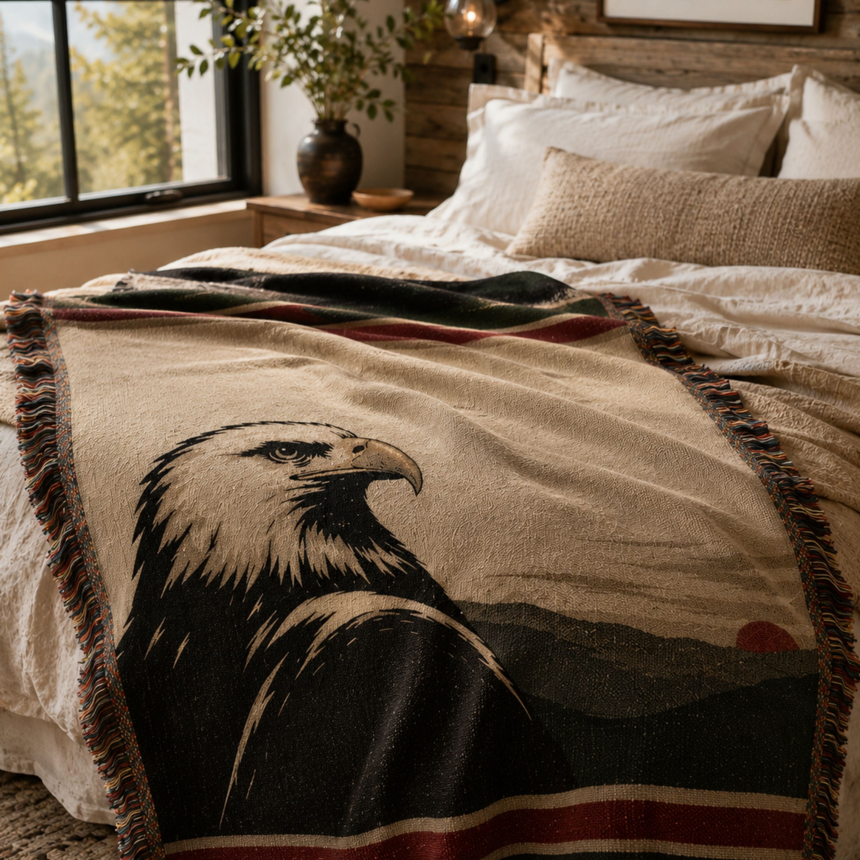 The Sentinel bald eagle woven cotton throw blanket folded on a bed in a warm mountain bedroom — Trini Skies