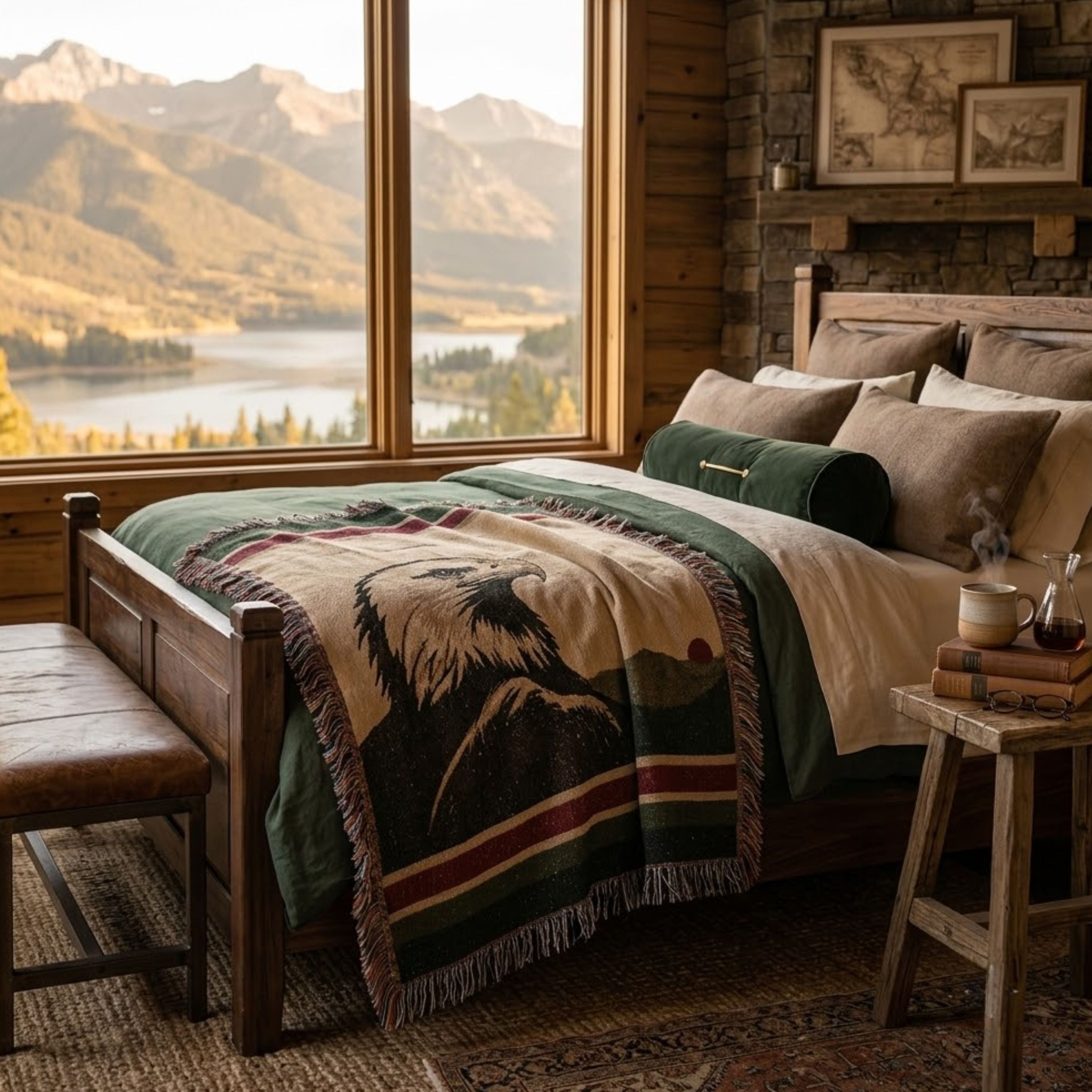 The Sentinel bald eagle woven cotton throw blanket layered on a bed in a mountain lodge bedroom overlooking a lake — Trini Skies