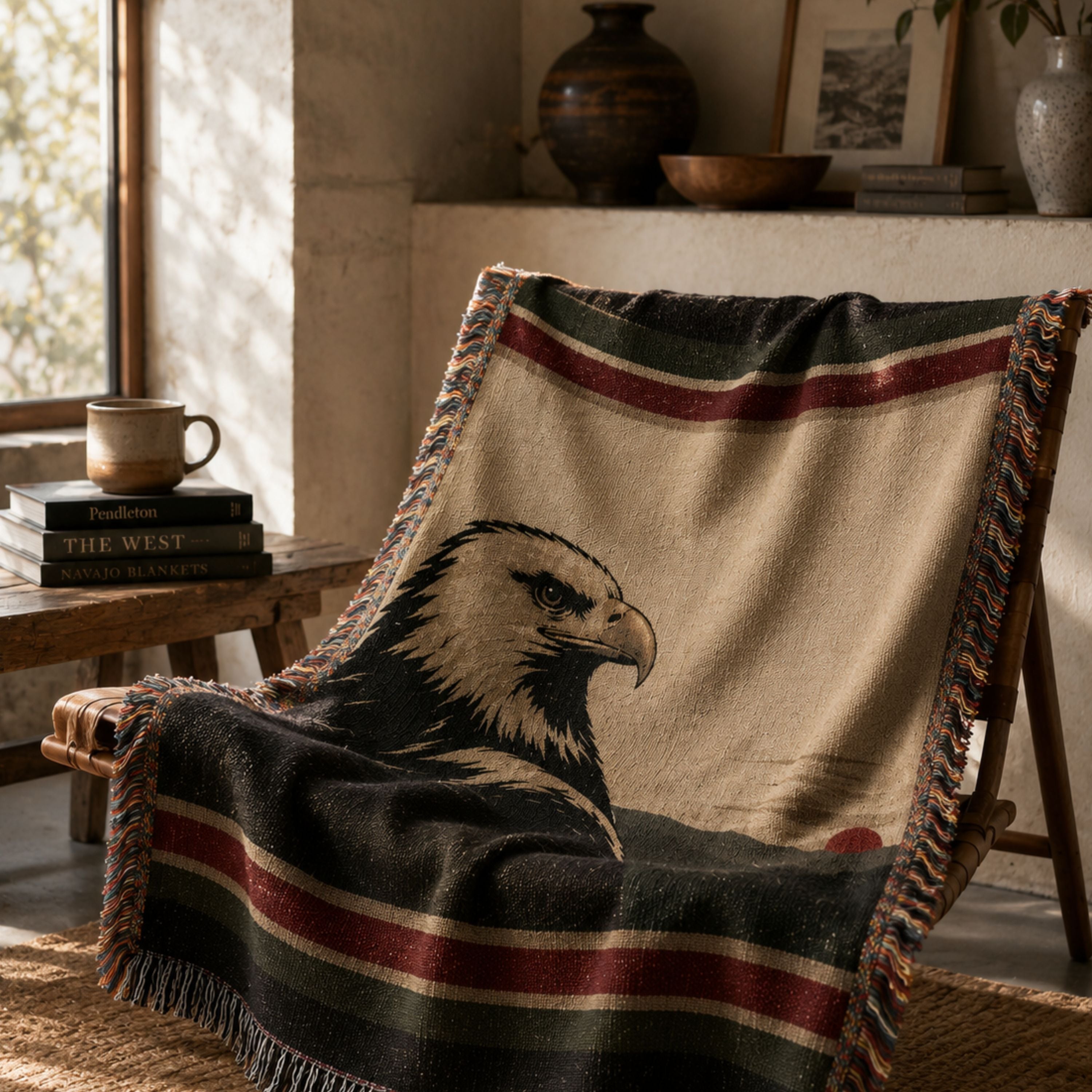 The Sentinel bald eagle woven throw blanket draped over a wooden chair by a fireplace — Trini Skies