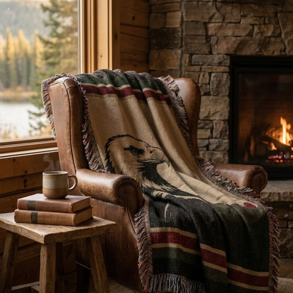 The Sentinel bald eagle woven throw blanket draped over a leather wing chair by a stone fireplace — Trini Skies