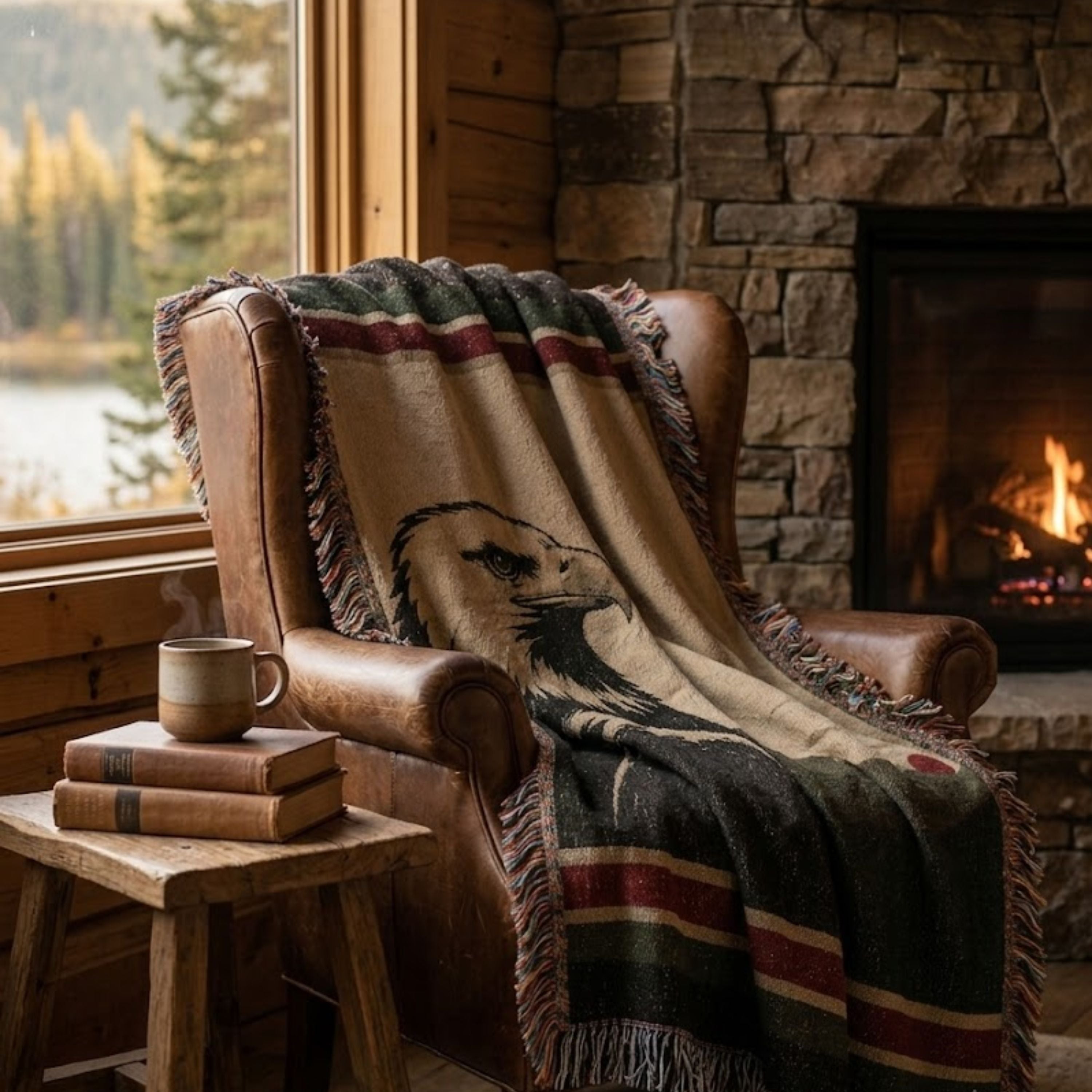 The Sentinel bald eagle woven throw blanket draped over a leather wing chair by a stone fireplace — Trini Skies