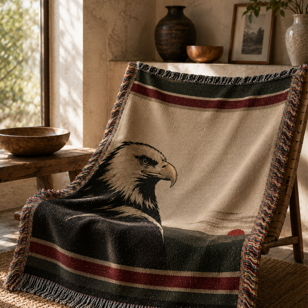 The Sentinel bald eagle woven throw blanket draped over a chair in a mountain lodge living room — Trini Skies