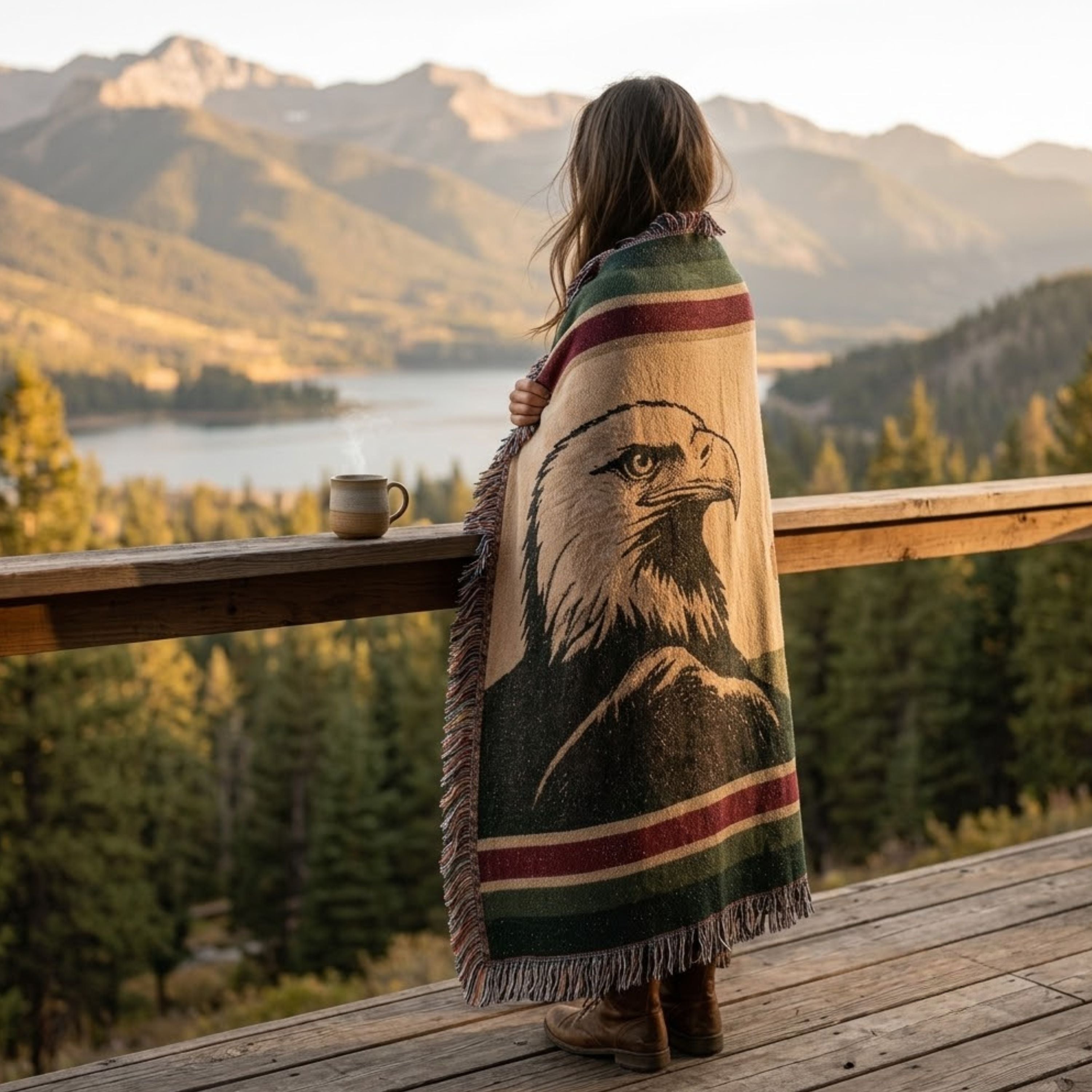 The Sentinel bald eagle woven cotton throw blanket shown full, espresso and ivory heritage stripe design with hunter green and barn red bands — Trini Skies