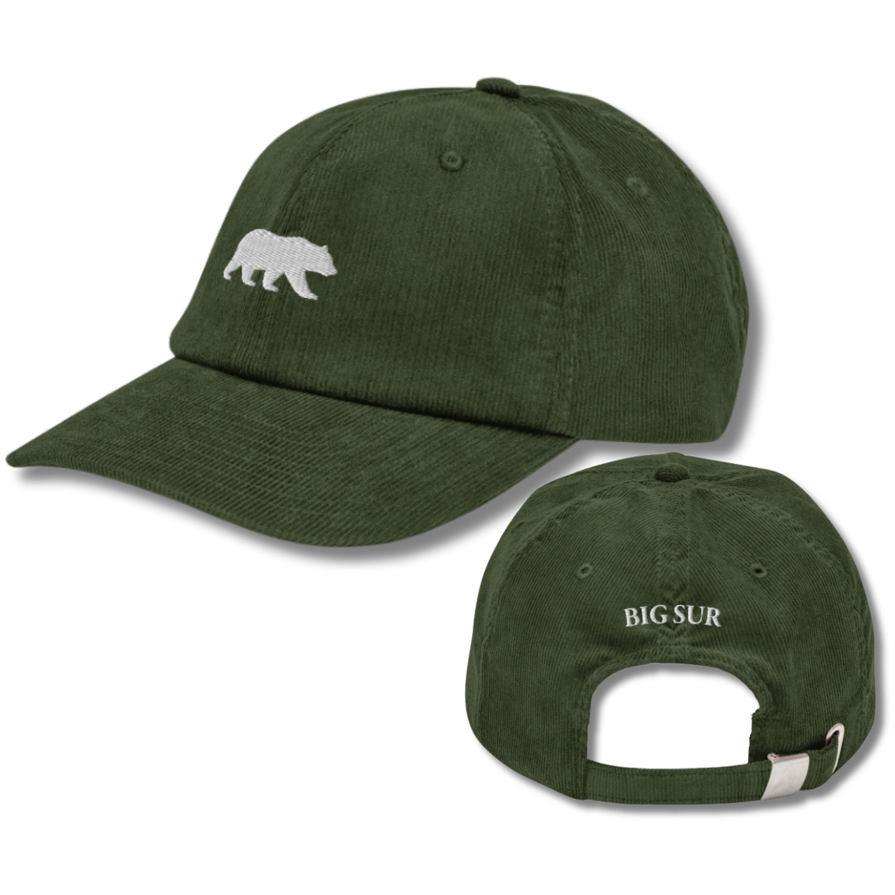 Dark olive green corduroy Big Sur Bear hat shown front and back, with a small cream embroidered walking bear and BIG SUR on the back strap, Trini Skies