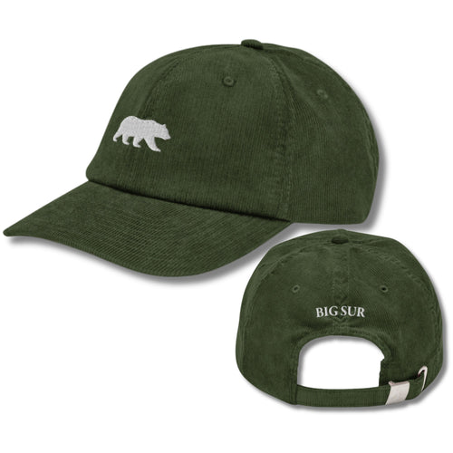 Dark olive green corduroy Big Sur Bear hat shown front and back, with a small cream embroidered walking bear and BIG SUR on the back strap, Trini Skies