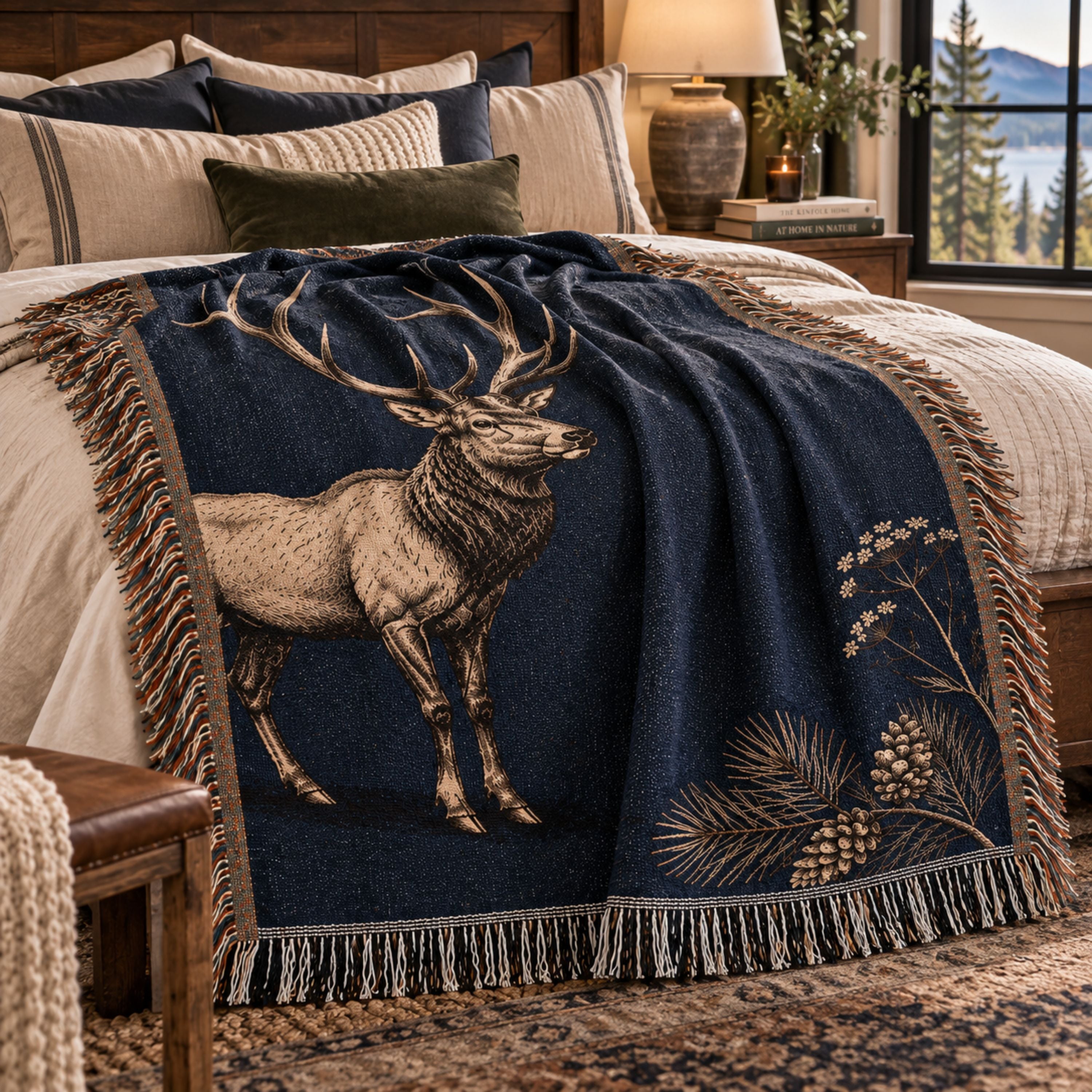 Timberline Ridge elk woven throw blanket draped at the foot of a bed — Trini Skies