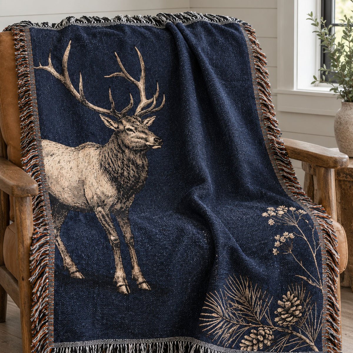 Timberline Ridge elk woven tapestry throw draped over a leather chair, close-up view — Trini Skies