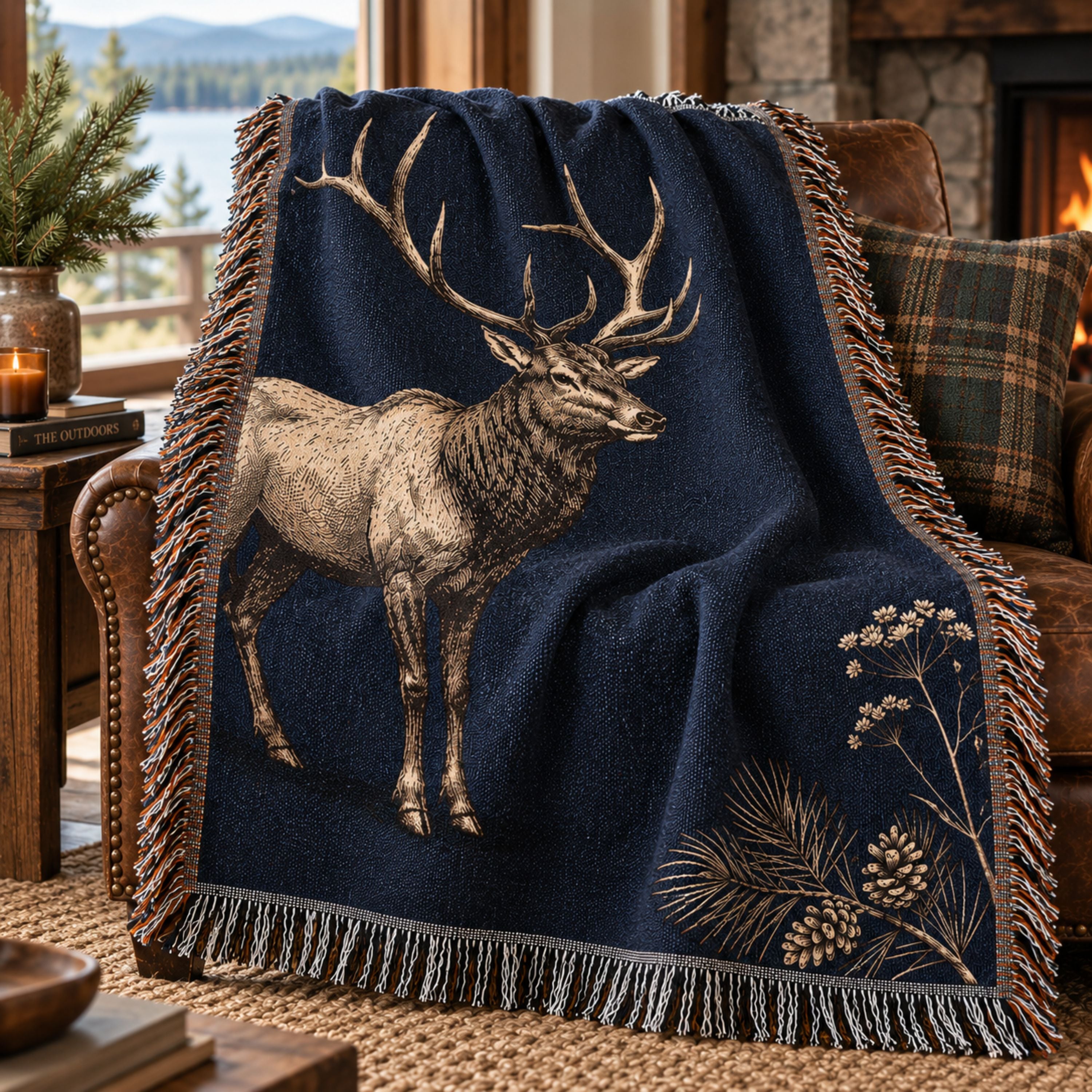 Timberline Ridge elk woven tapestry throw draped over a leather armchair by a fireplace — Trini Skies