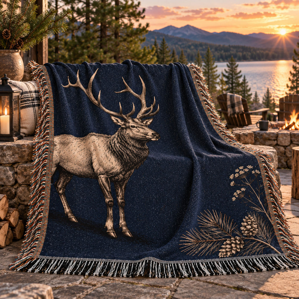Timberline Ridge elk woven throw blanket draped outdoors on a porch railing — Trini Skies
