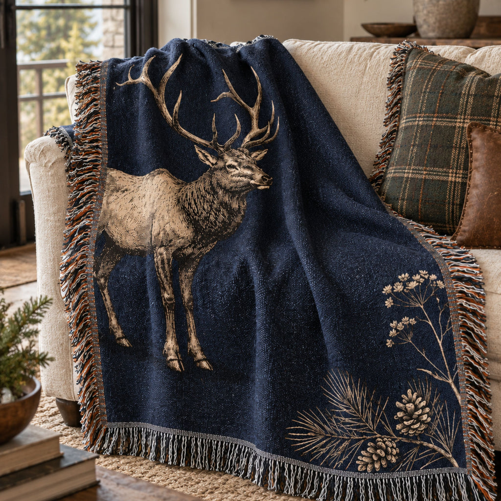 Timberline Ridge elk woven tapestry throw blanket draped over a sofa — engraved-style bull elk on deep navy ground — Trini Skies