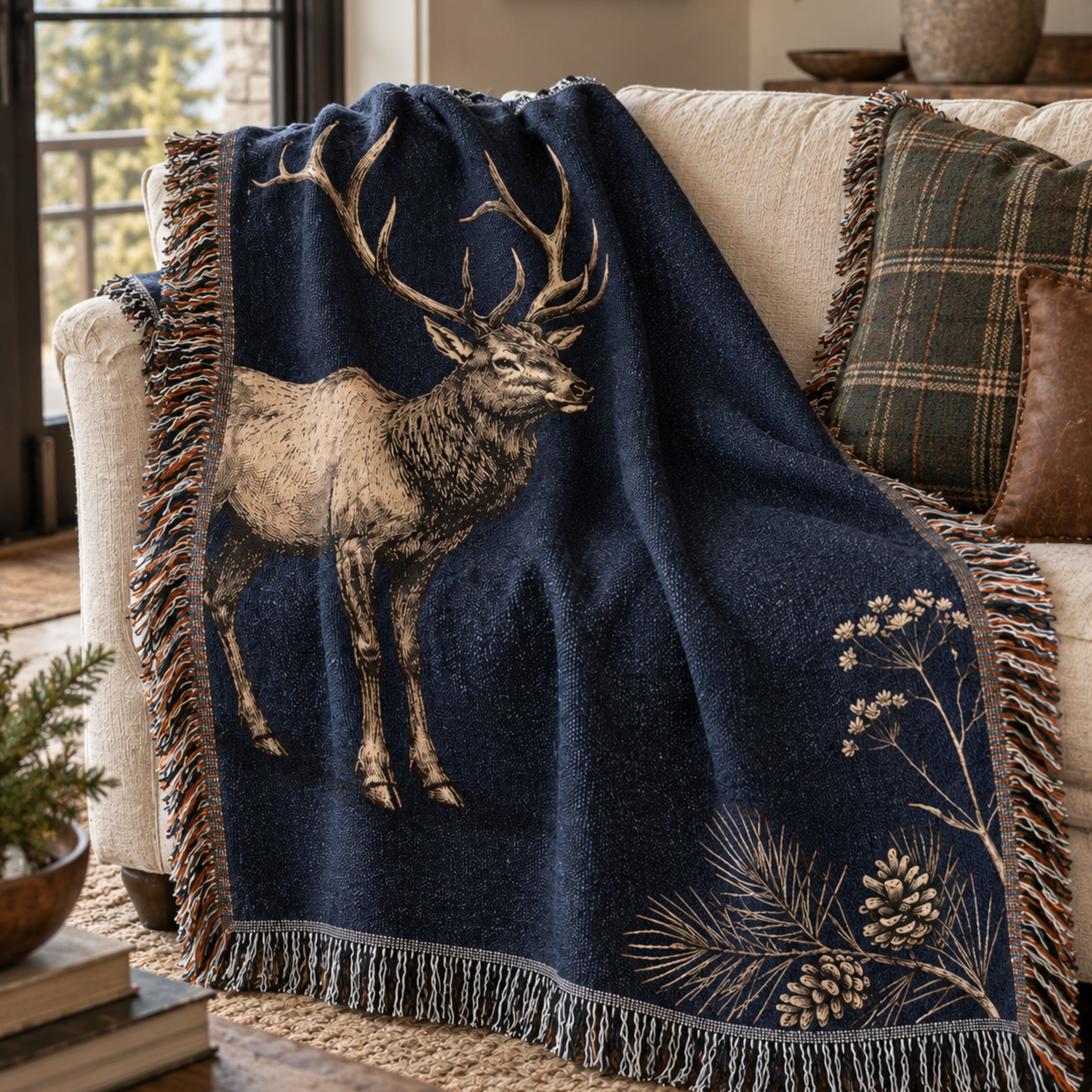 Timberline Ridge elk woven tapestry throw blanket draped over a sofa — engraved-style bull elk on deep navy ground — Trini Skies
