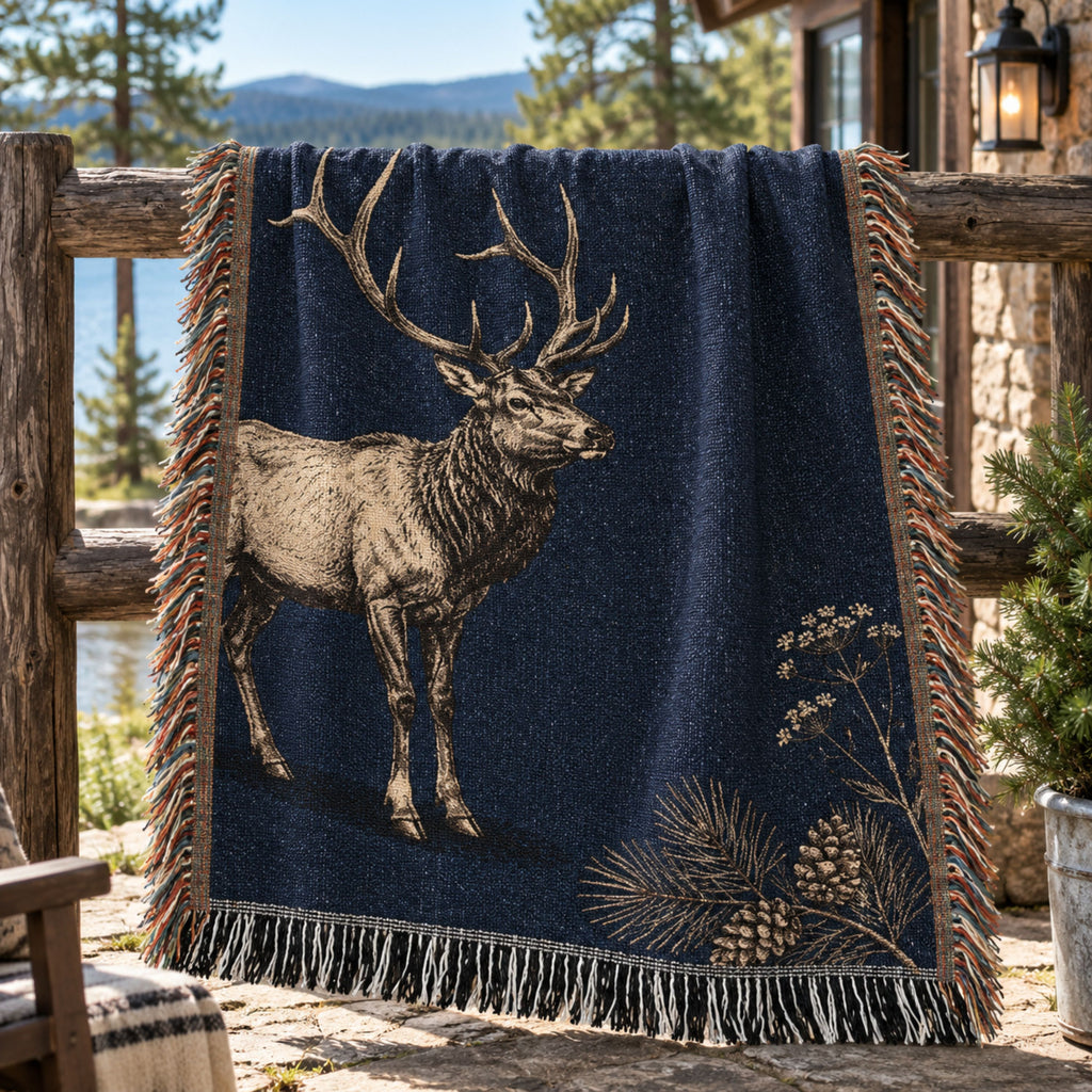 Timberline Ridge elk woven tapestry throw blanket, full draped view showing bull elk design and fringe — Trini Skies