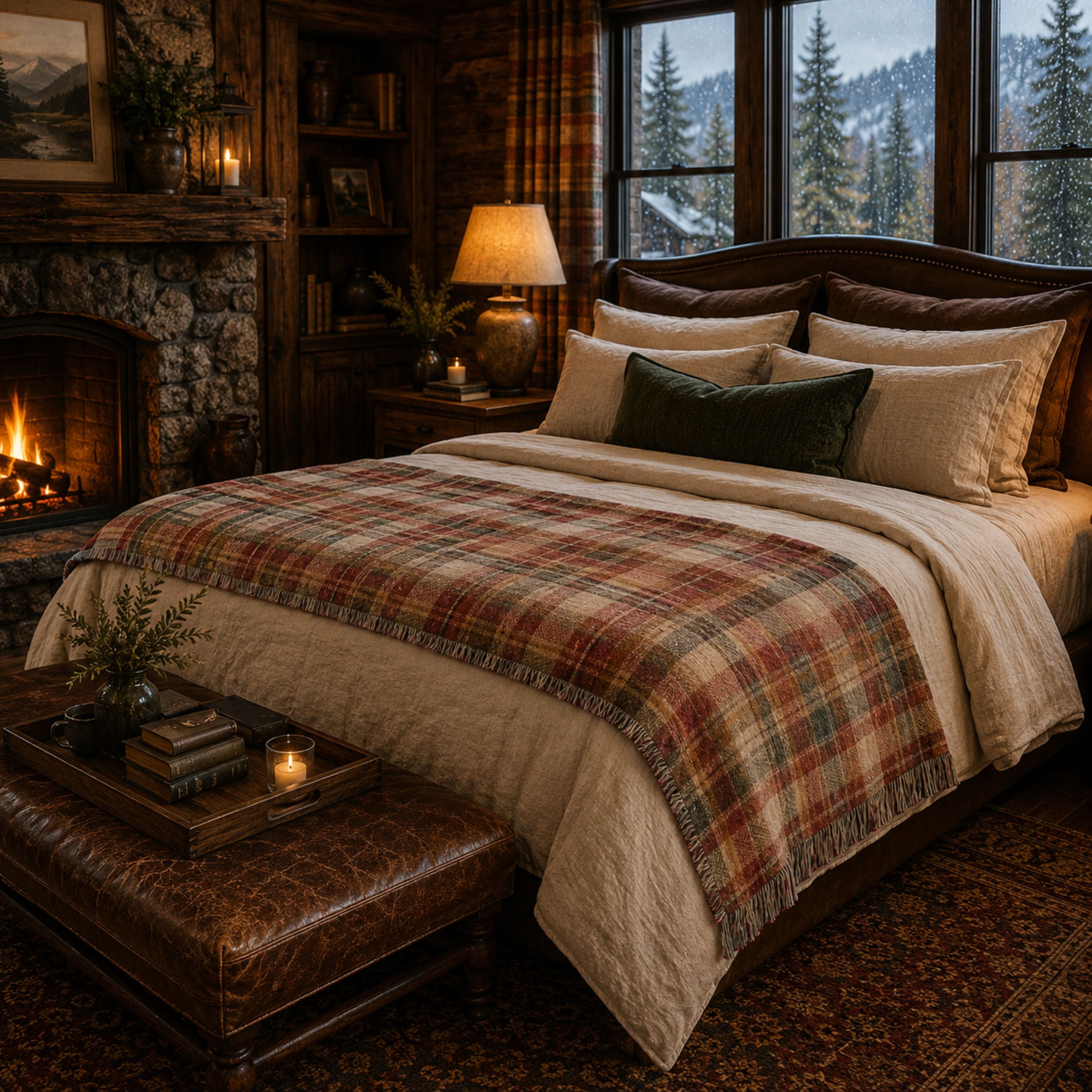 The Hearthstone plaid woven throw layered on a bed in a cabin bedroom with a fireplace — Trini Skies