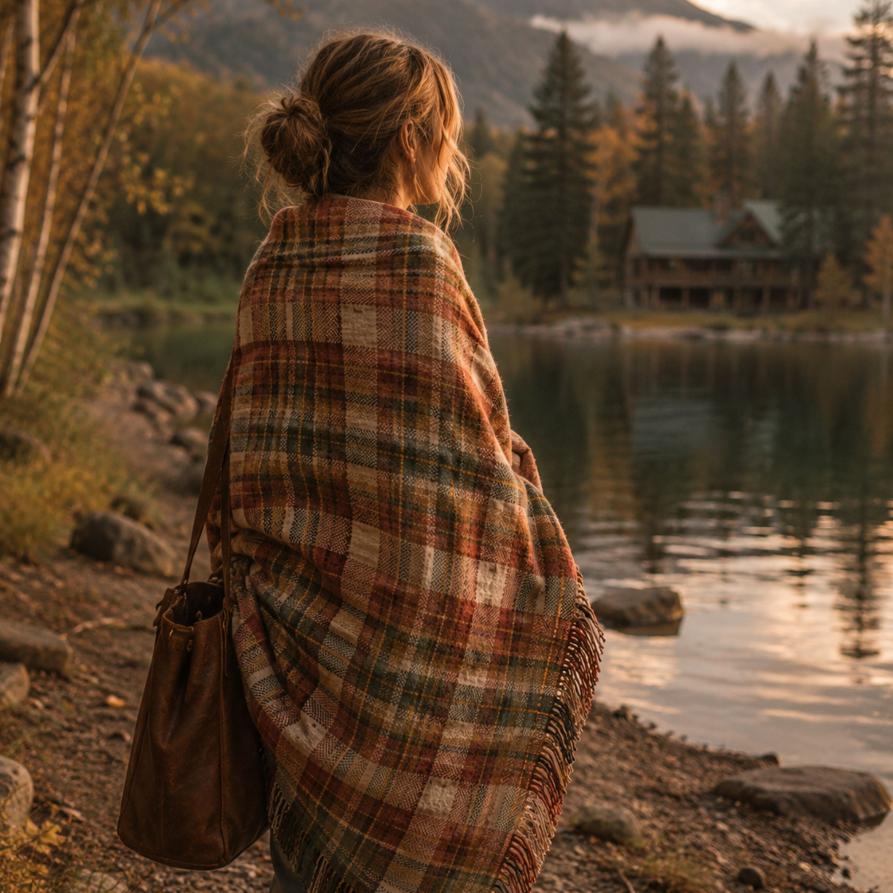 Woman wrapped in the Hearthstone plaid woven cotton throw beside a mountain lake — Trini Skies