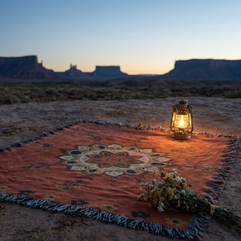 Moonflower moon phase mandala woven cotton throw blanket in coral with navy and gold accents, spread flat on desert ground at dusk beside a glowing lantern — Trini Skies