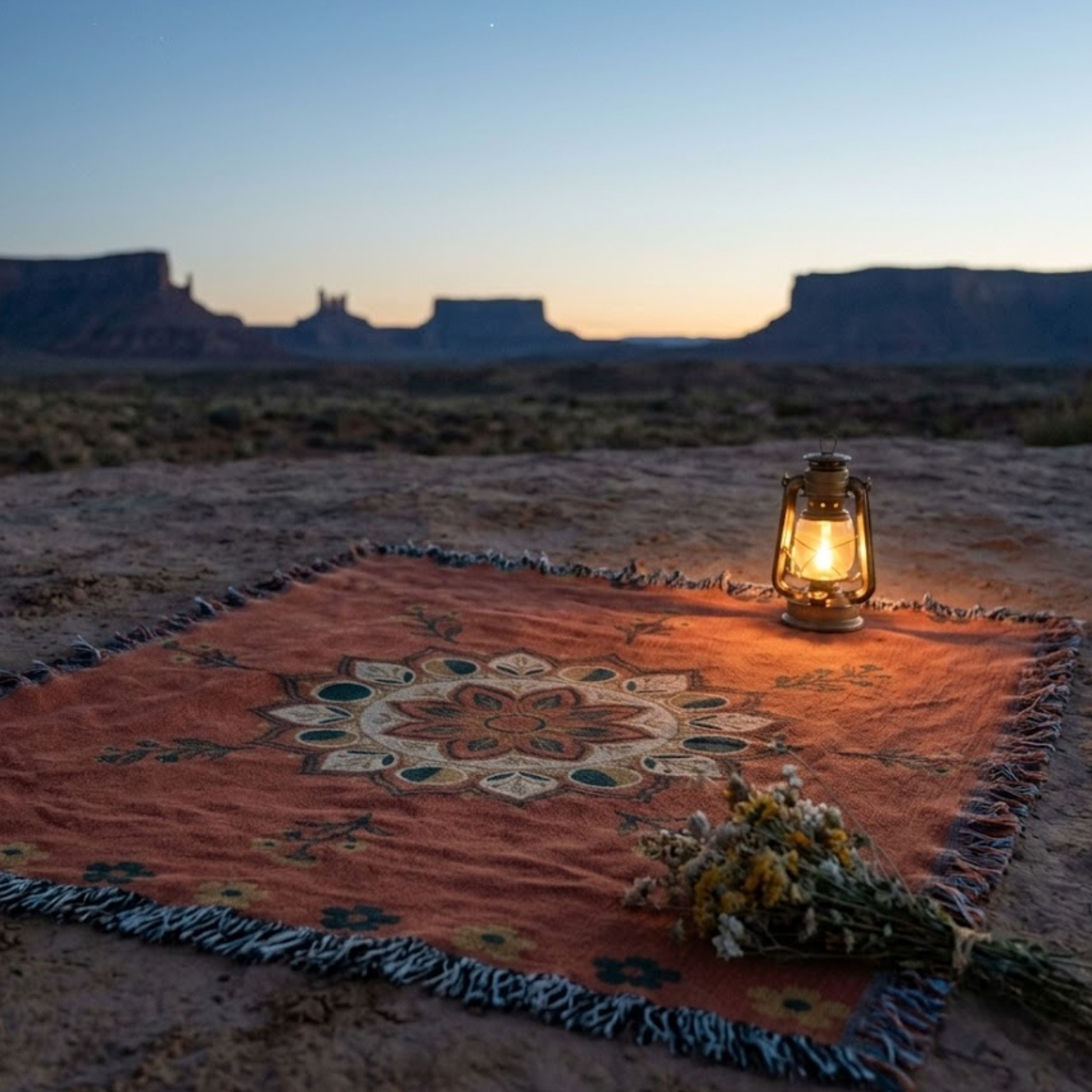 Moonflower moon phase mandala woven cotton throw blanket in coral with navy and gold accents, spread flat on desert ground at dusk beside a glowing lantern — Trini Skies