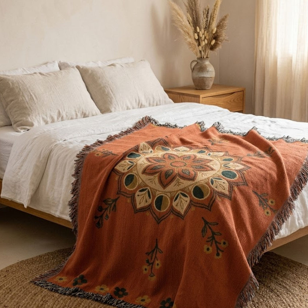 Moonflower moon phase mandala woven cotton throw blanket in coral with navy and gold accents, draped across a bed, showing the 100% cotton jacquard weave — Trini Skies