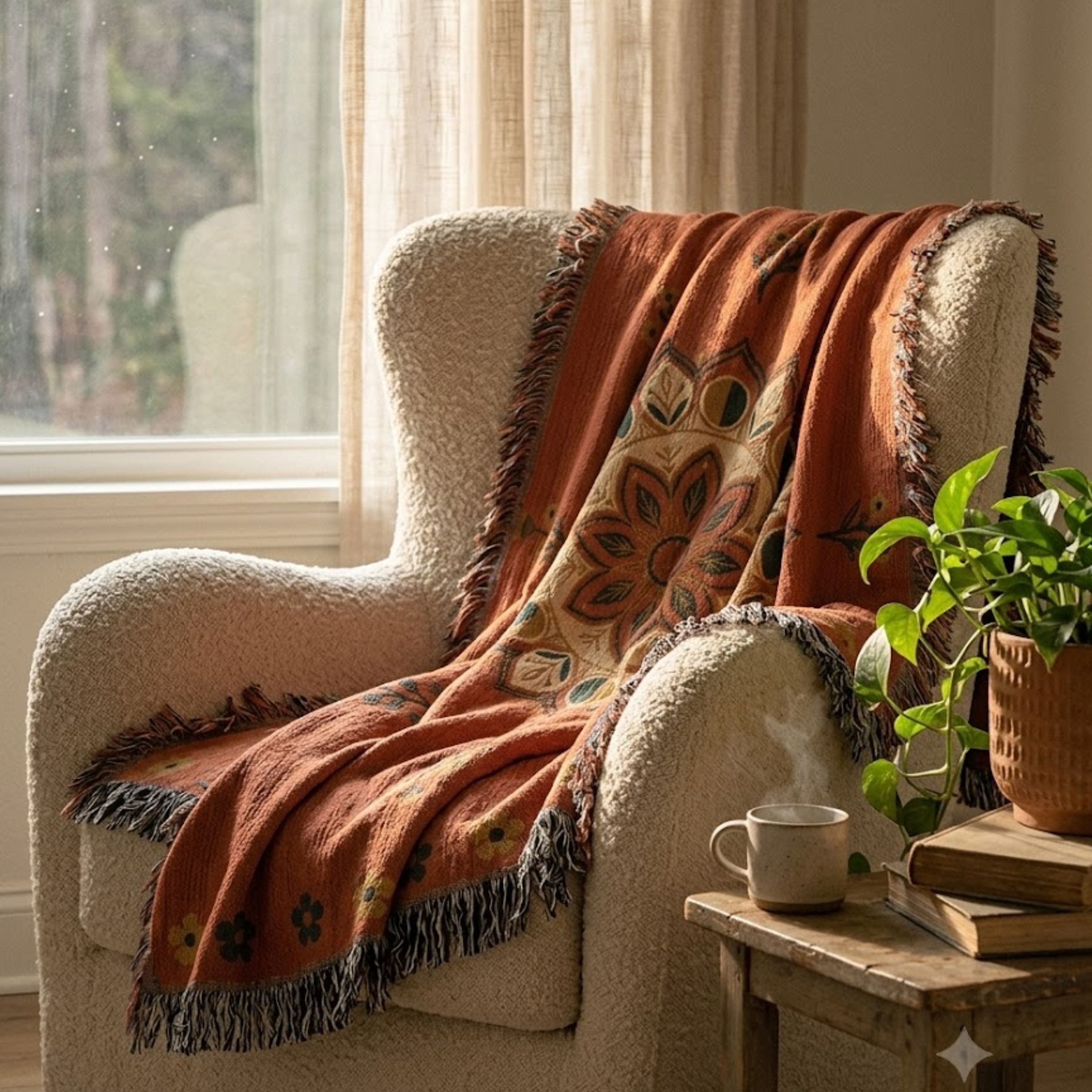 Moonflower moon phase mandala woven cotton throw blanket in coral with navy and gold accents, draped over an armchair in a sunlit room — Trini Skies