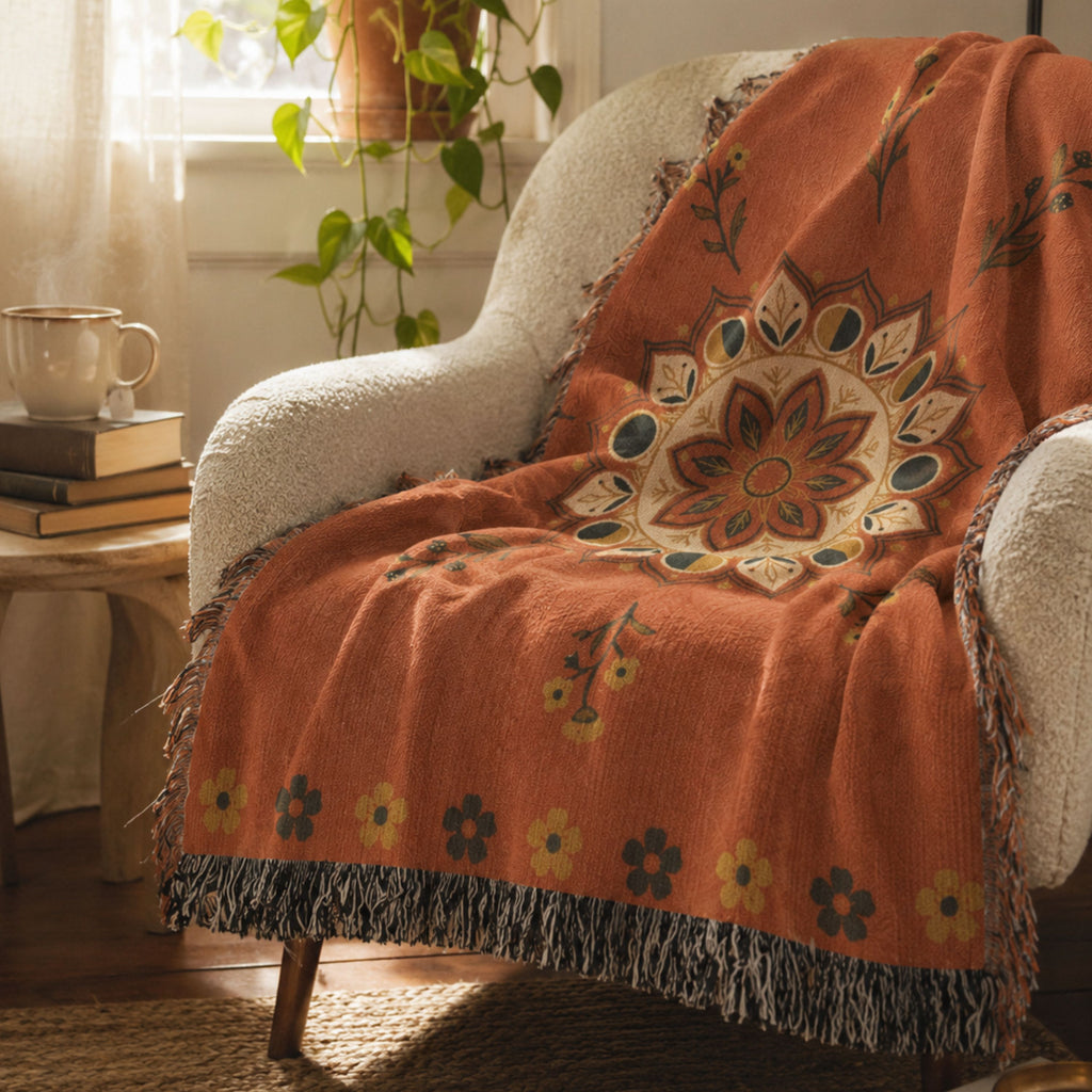 Moonflower moon phase mandala woven cotton throw blanket in coral with navy and gold accents, draped over a white armchair, showing the jacquard weave and fringe — Trini Skies