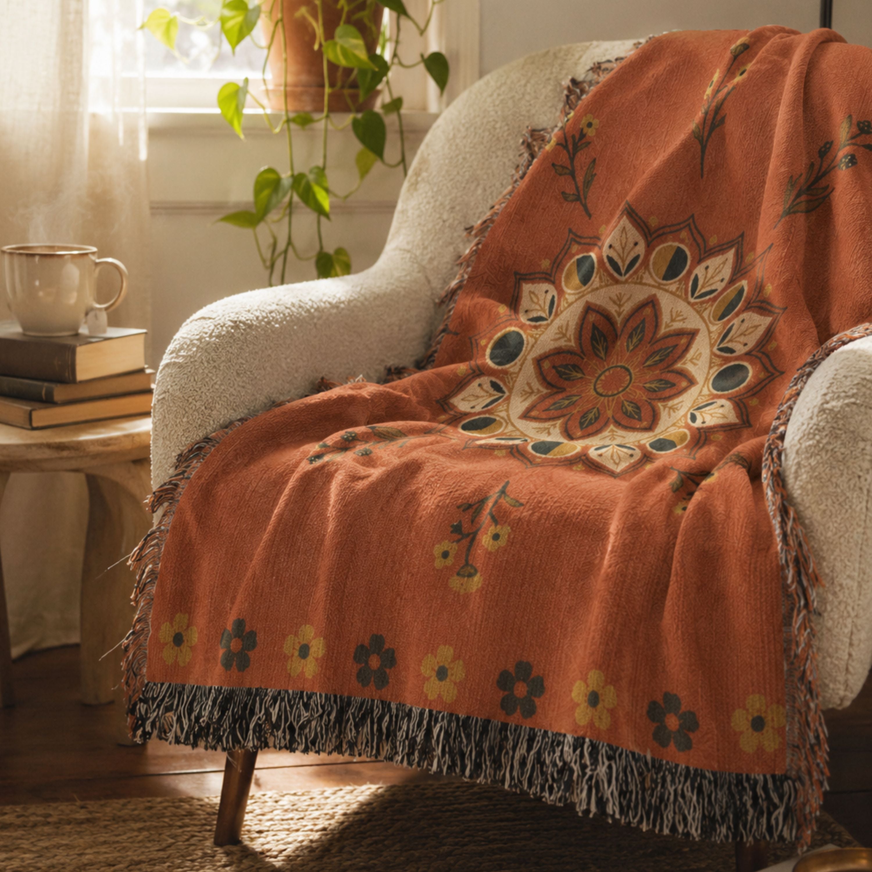 Moonflower moon phase mandala woven cotton throw blanket in coral with navy and gold accents, draped over a white armchair, showing the jacquard weave and fringe — Trini Skies