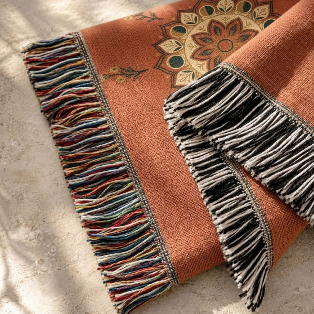 Close-up of the Moonflower moon phase mandala woven cotton throw blanket in coral with navy and gold accents, showing the jacquard weave texture and fringe detail — Trini Skies