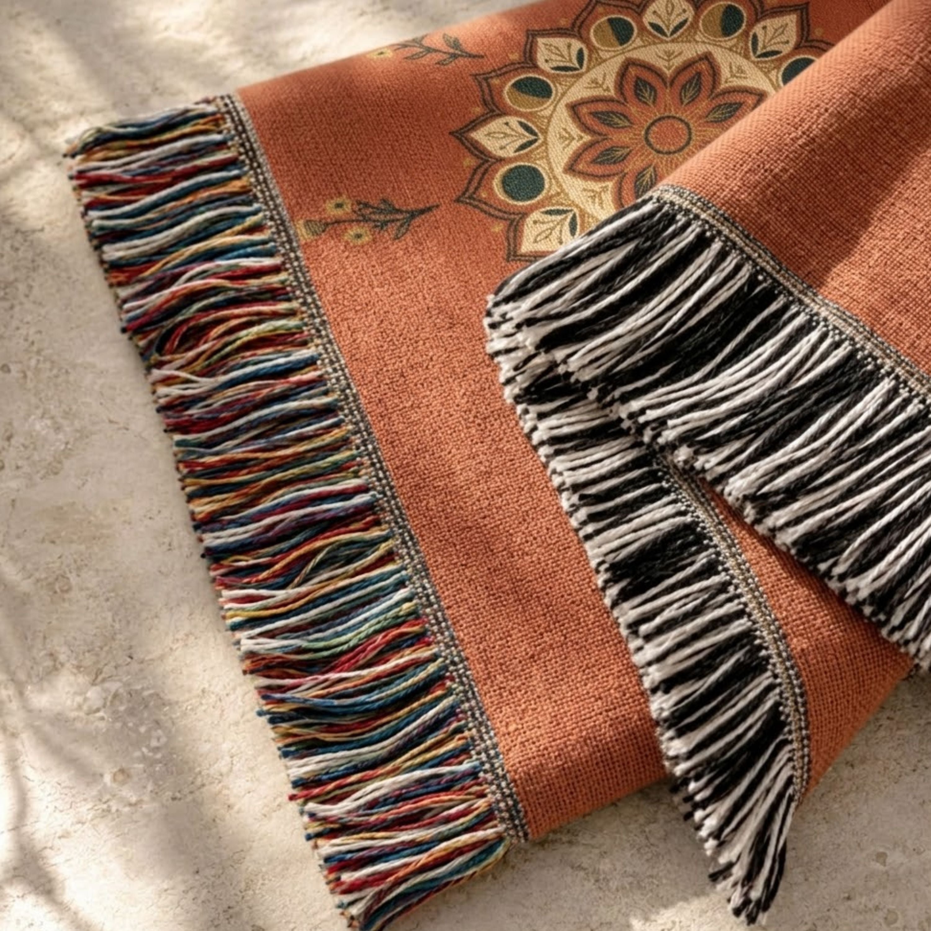 Close-up of the Moonflower moon phase mandala woven cotton throw blanket in coral with navy and gold accents, showing the jacquard weave texture and fringe detail — Trini Skies