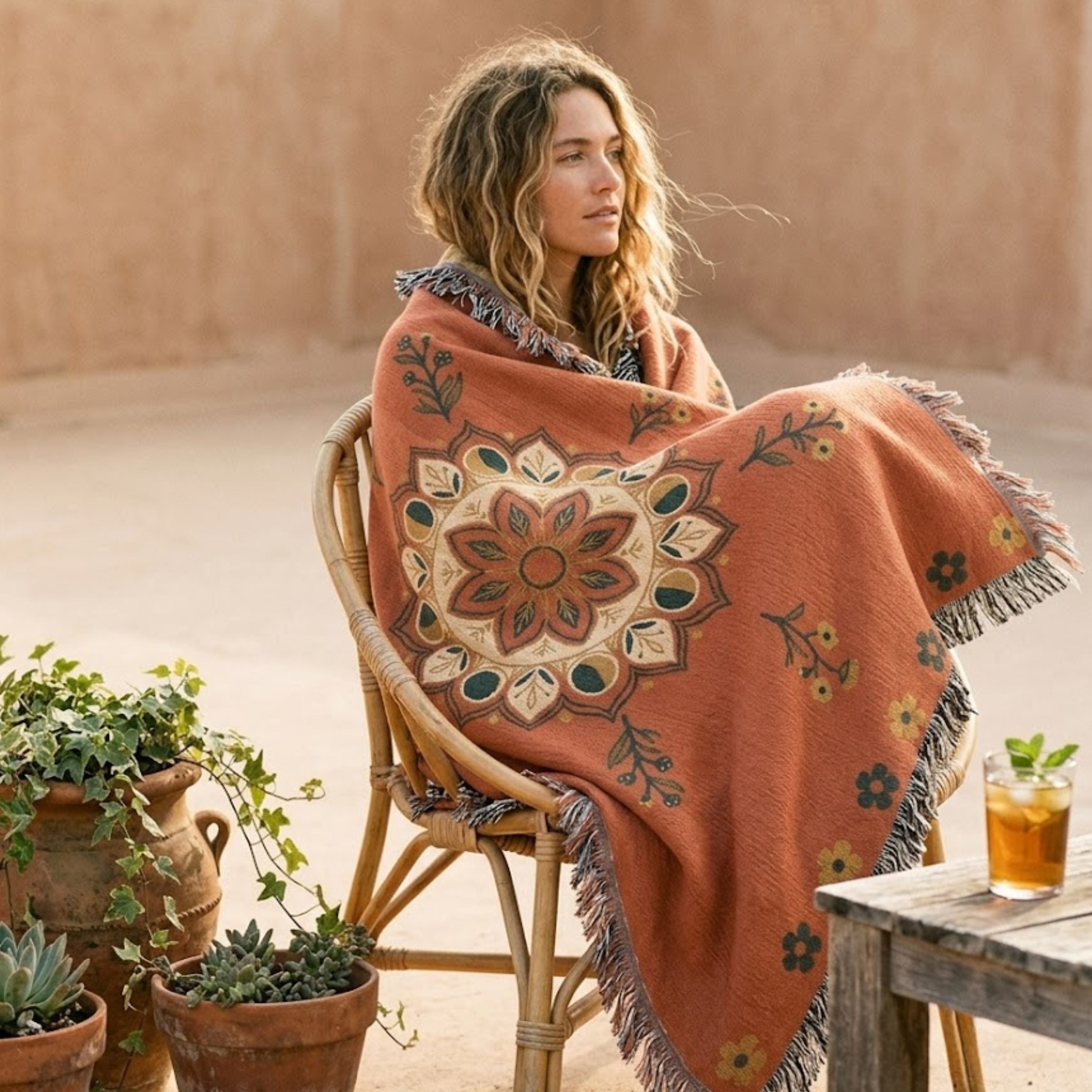 Woman sitting in a rattan chair wrapped in the Moonflower moon phase mandala woven cotton throw blanket in coral with navy and gold accents, warm golden light — Trini Skies