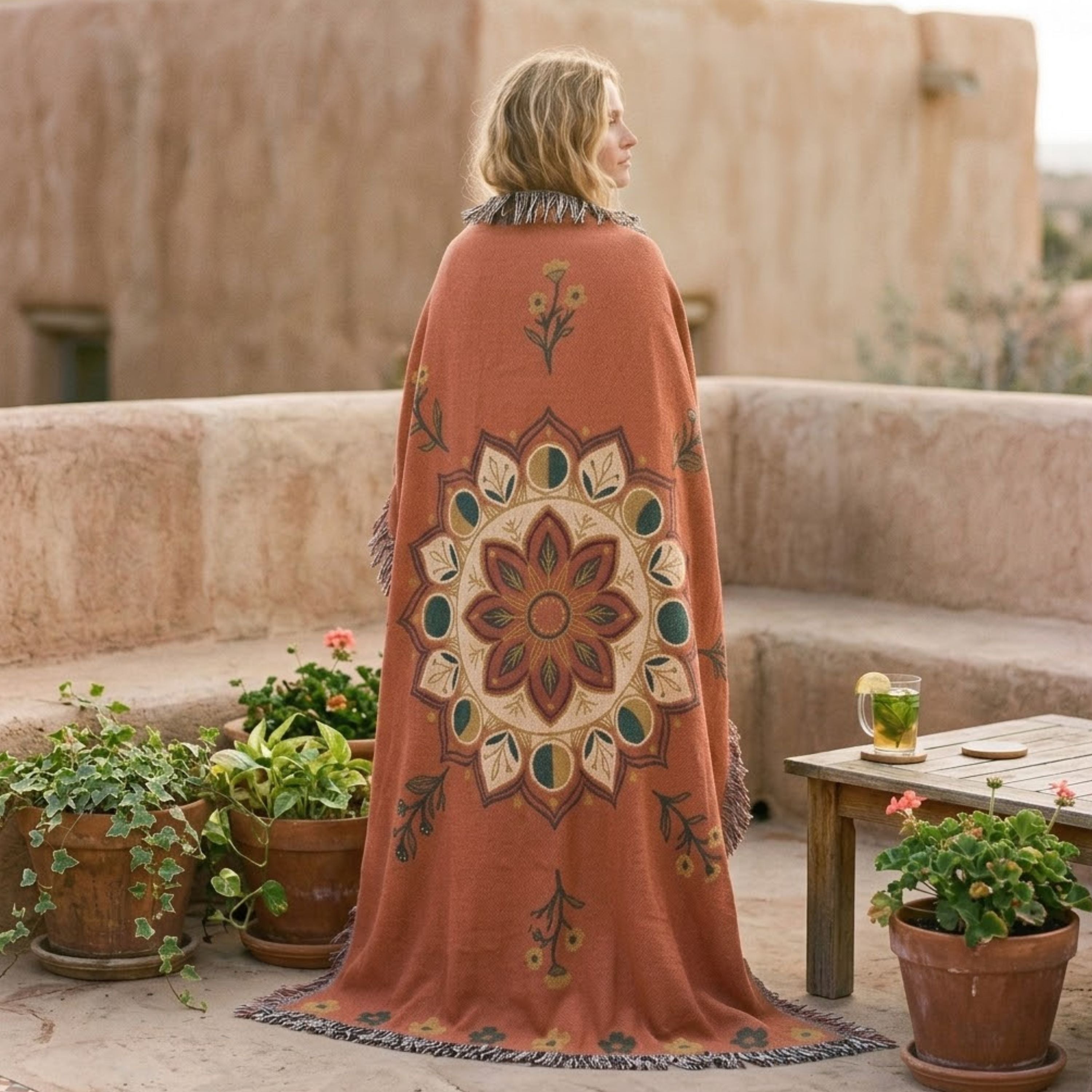 Woman wrapped in the Moonflower moon phase mandala woven cotton throw blanket in coral with navy and gold accents, standing on an adobe rooftop terrace — Trini Skies