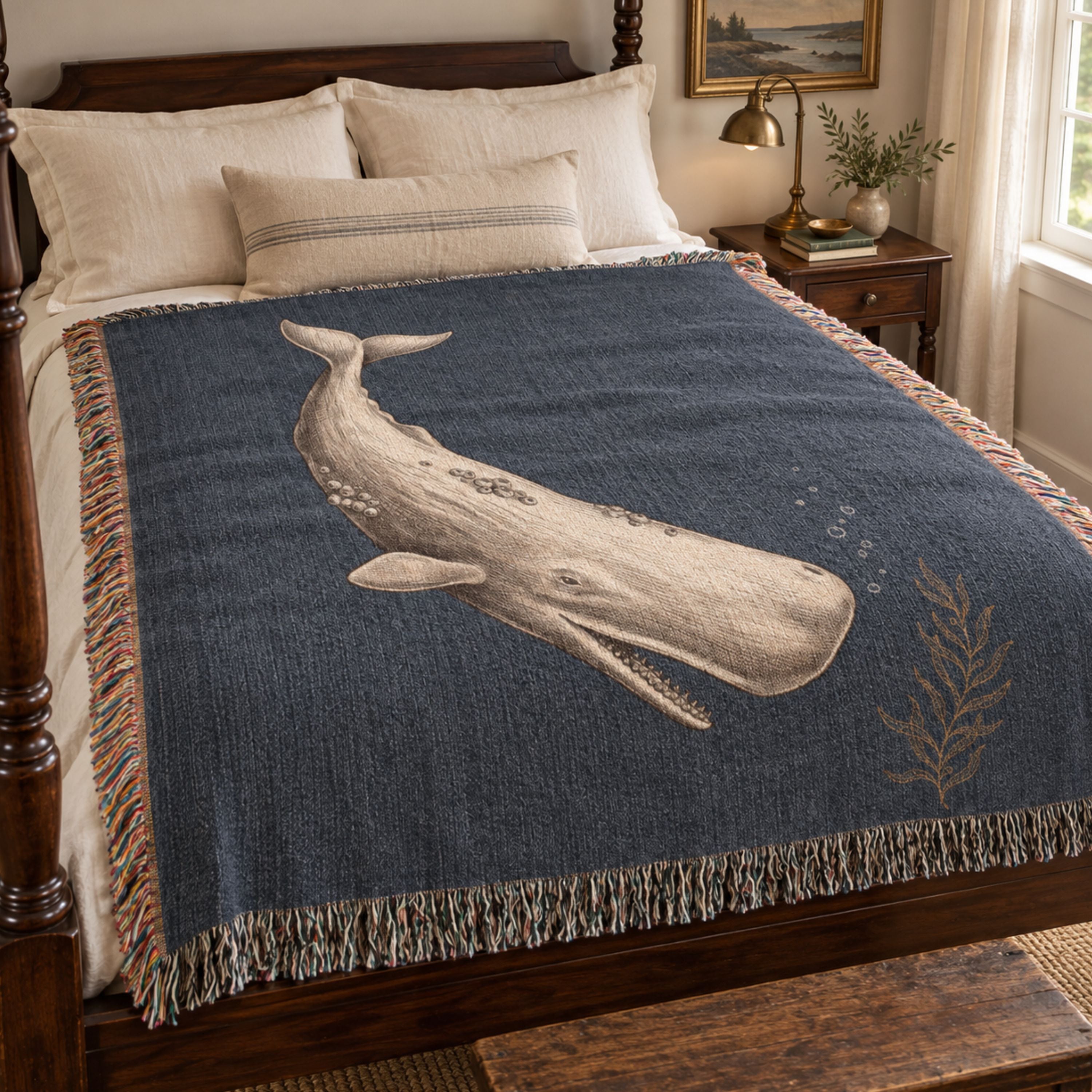 The Nantucket Whale Woven Throw | Vintage-Style Nautical Tapestry Blanket