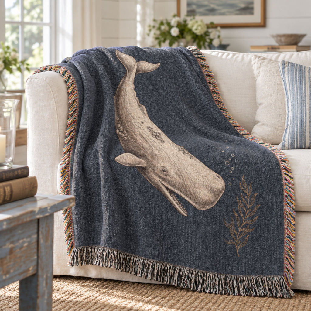 The Nantucket Whale Woven Throw | Vintage-Style Nautical Tapestry Blanket