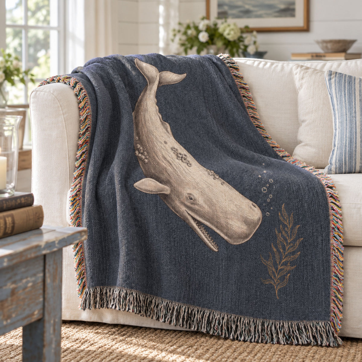 The Nantucket Whale Woven Throw | Vintage-Style Nautical Tapestry Blanket