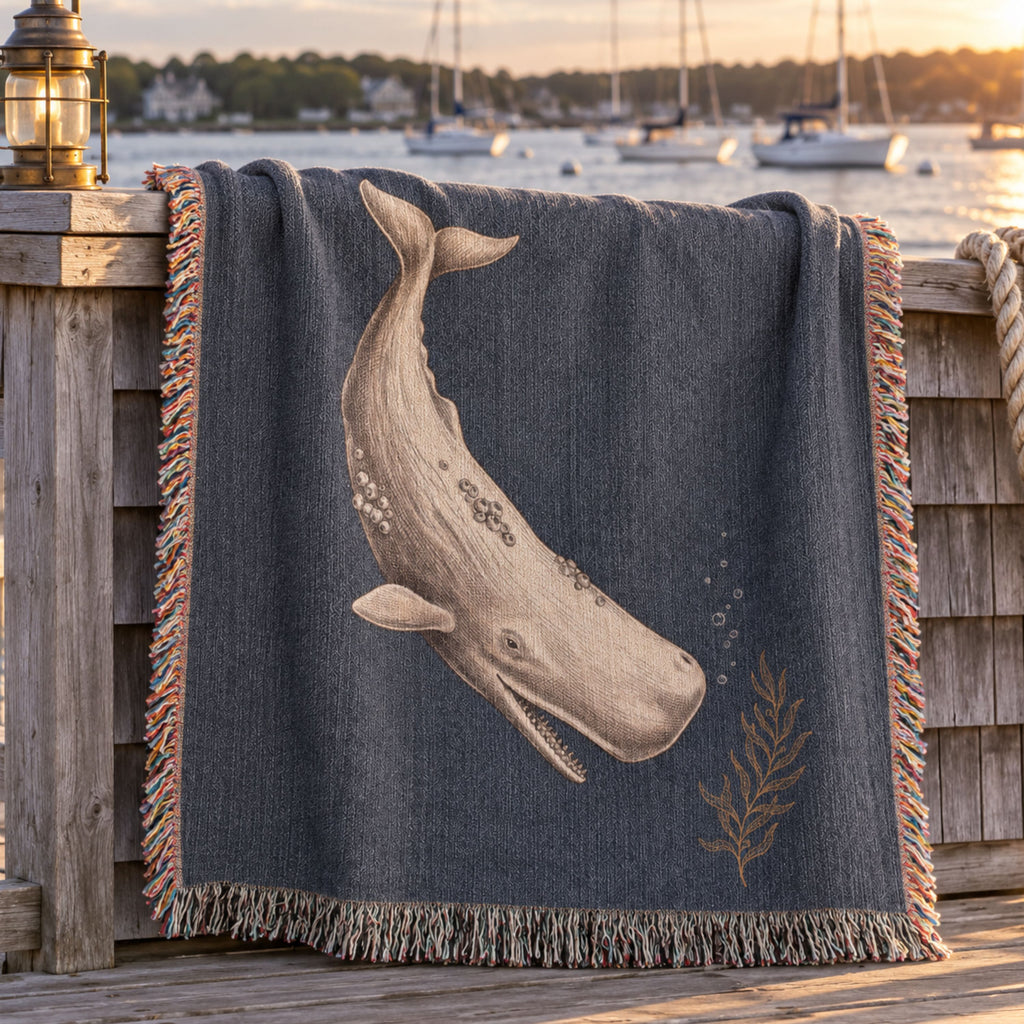 The Nantucket Whale Woven Throw | Vintage-Style Nautical Tapestry Blanket