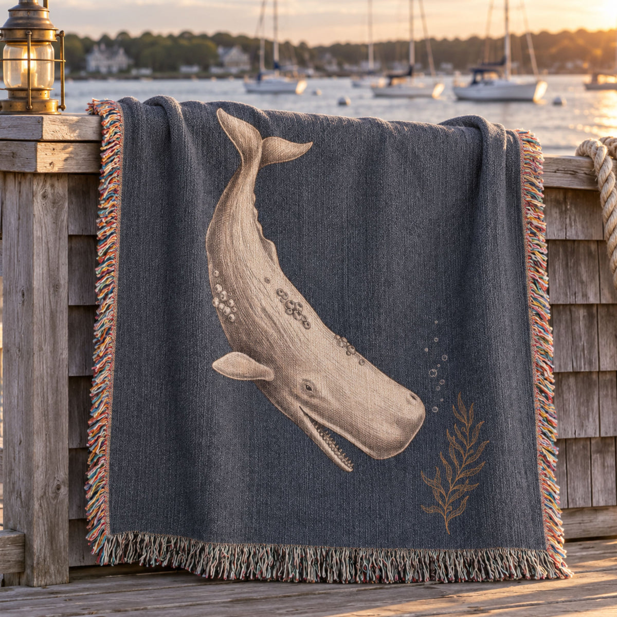 The Nantucket Whale Woven Throw | Vintage-Style Nautical Tapestry Blanket