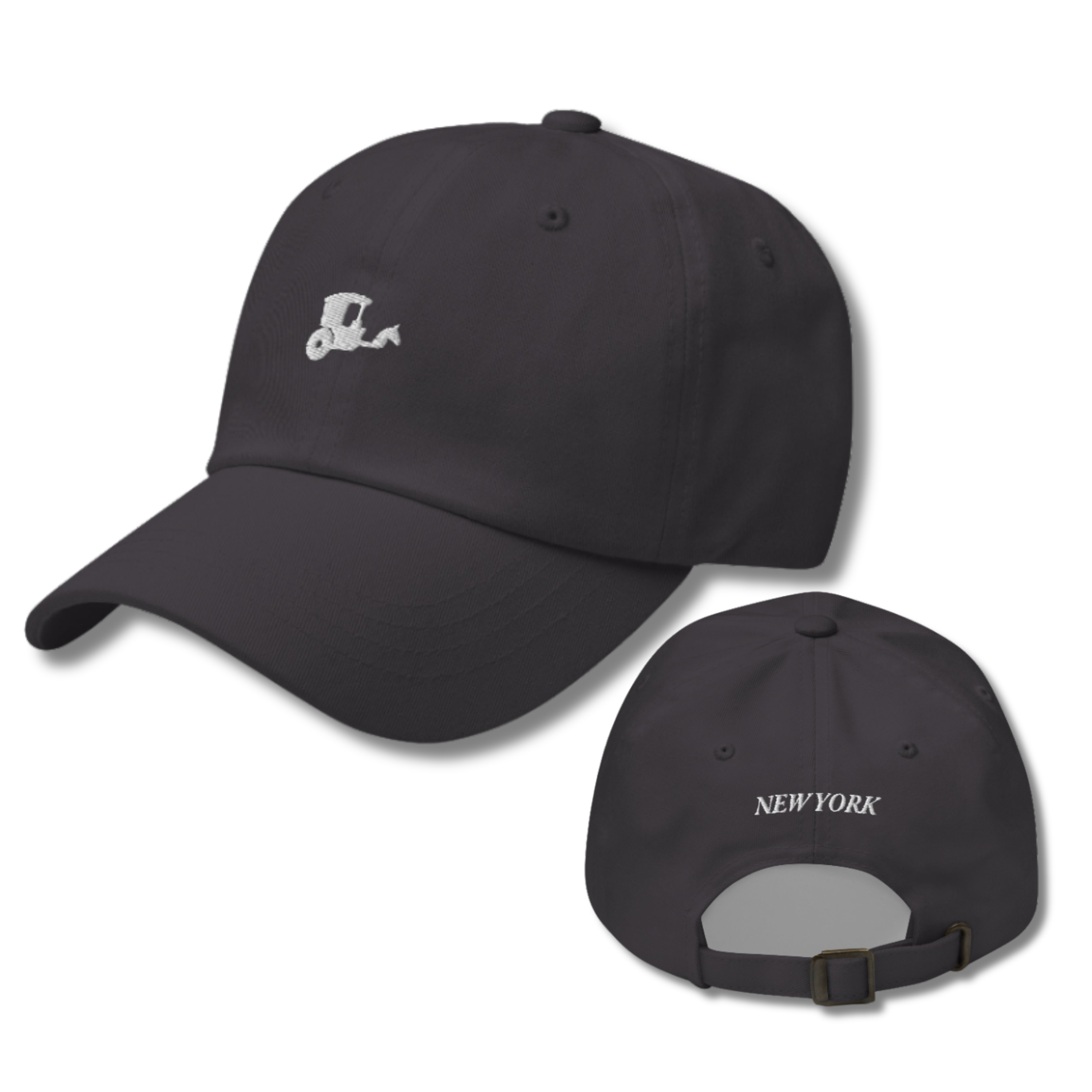New York Carriage dad hat dark grey front and back view New York text on adjustable strap Trini Skies Destination Collection