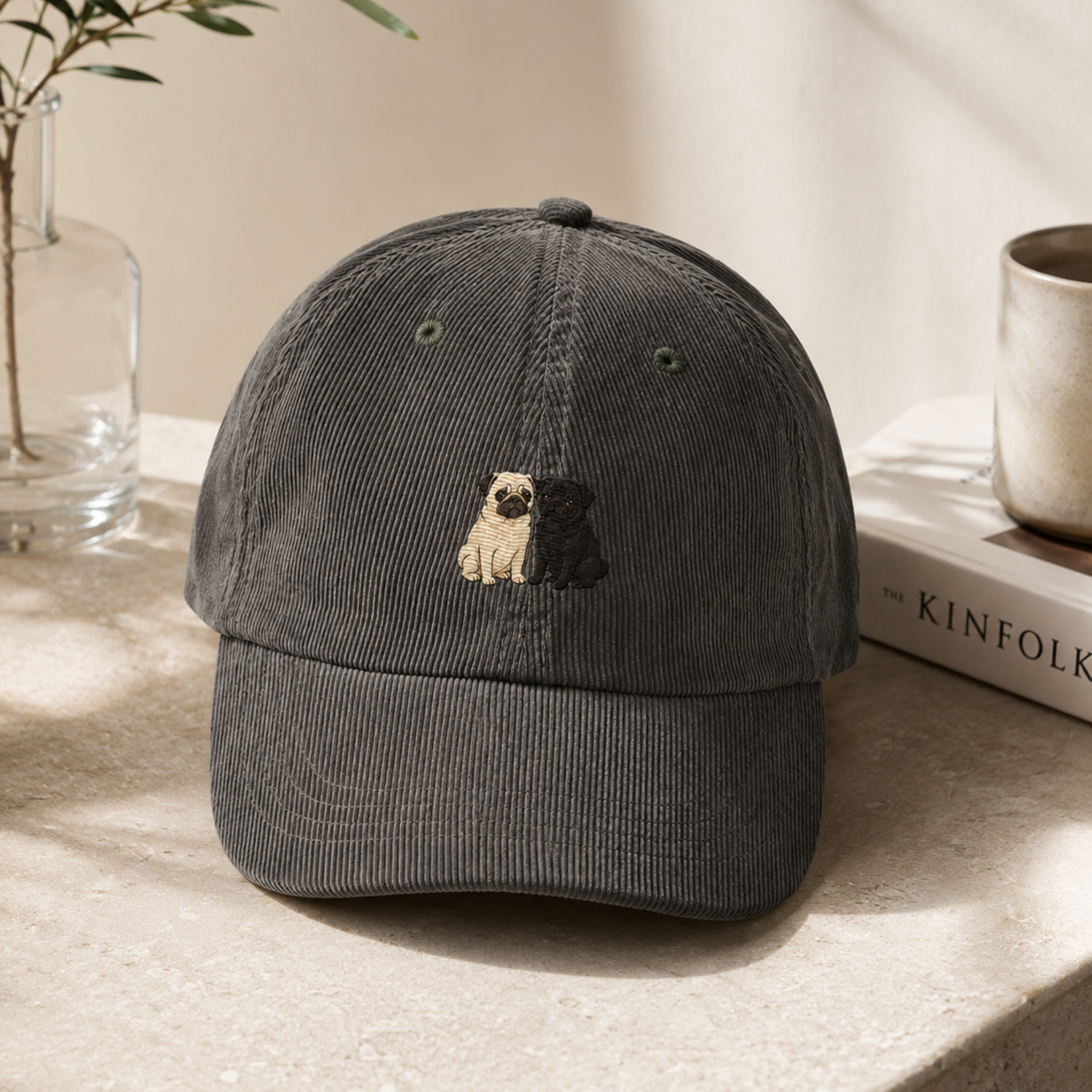 Grey pug duo embroidered corduroy hat with vintage binoculars and leather dog leash — dog lover gift by Trini Skies