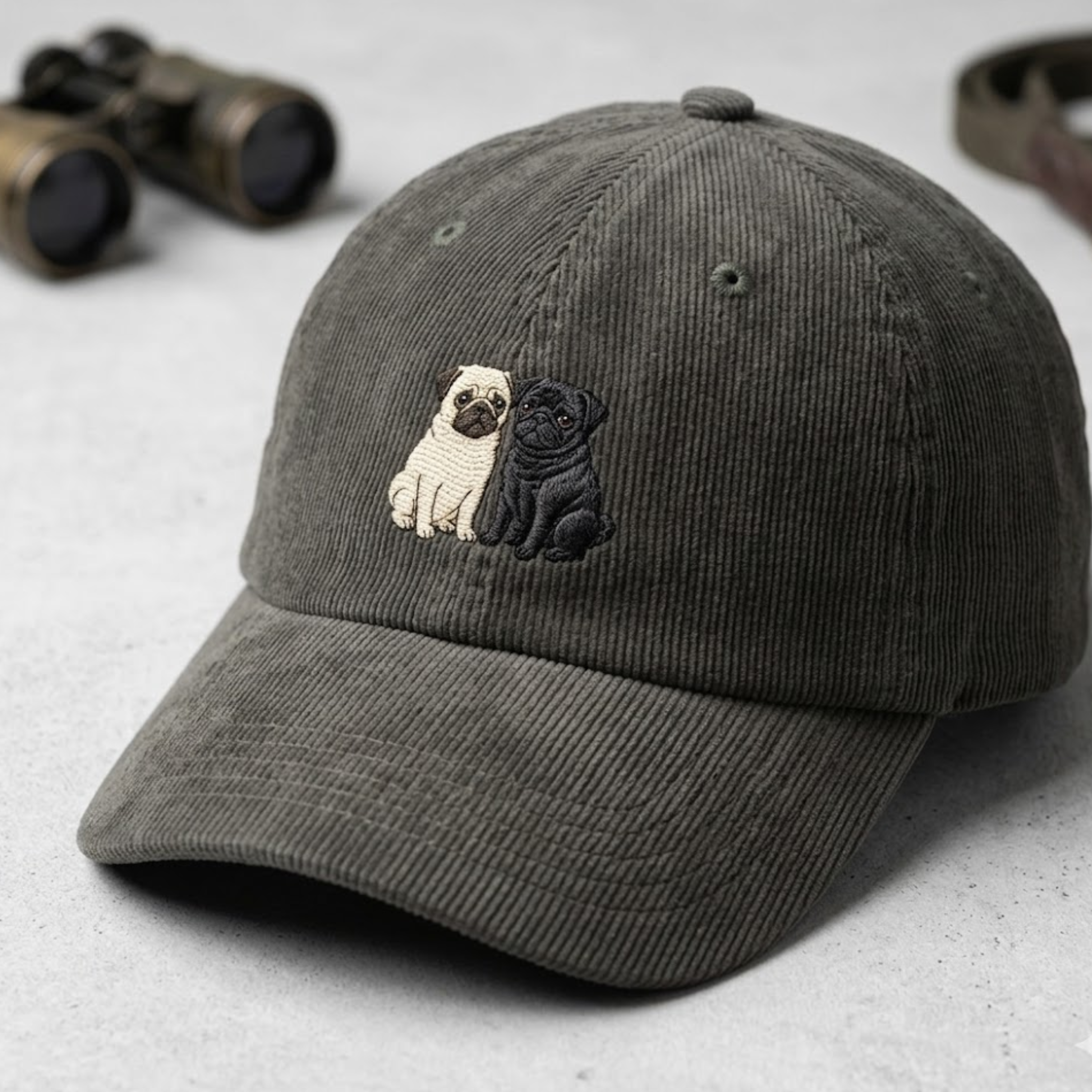 Grey pug duo embroidered corduroy hat on marble desk with olive branch and glass — dog lover hat by Trini Skies
