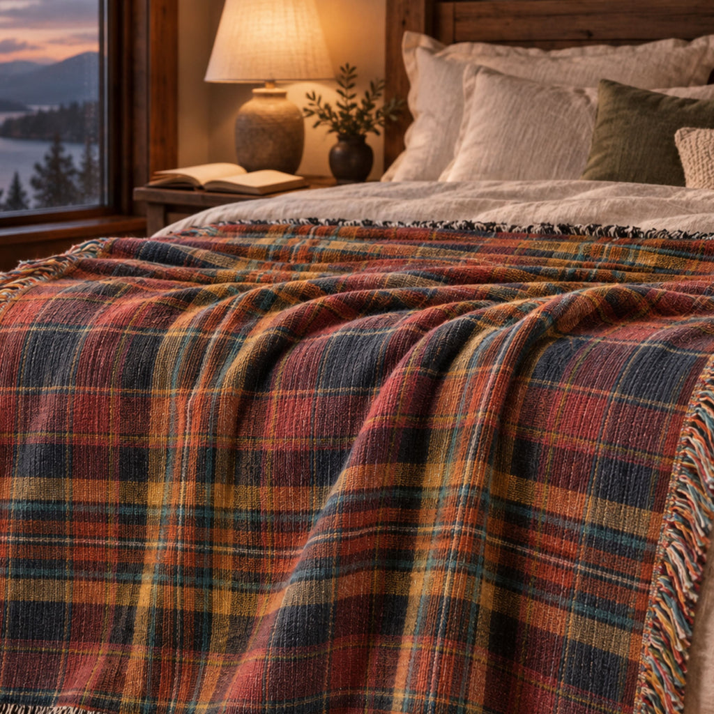 A cozy bedroom scene with a plaid throw blanket draped over a bed. The blanket has a warm multicolor tartan pattern with red, blue, yellow, and brown tones and fringed edges.