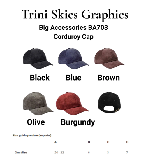 Color swatch of Trini Skies Graphics corduroy caps in various colors on a white background.