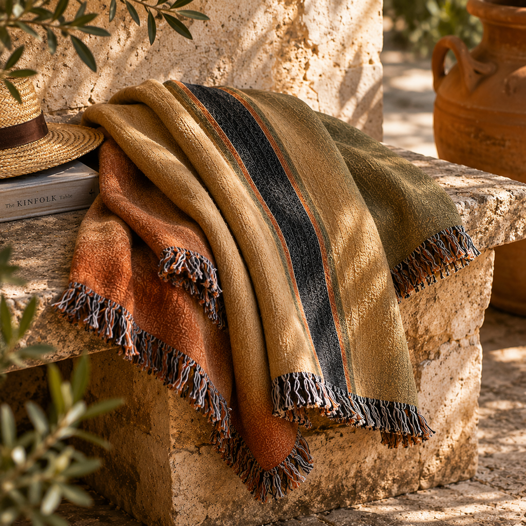 Santa Fe Drift southwestern stripe throw blanket draped over stone bench in sun-warmed courtyard setting