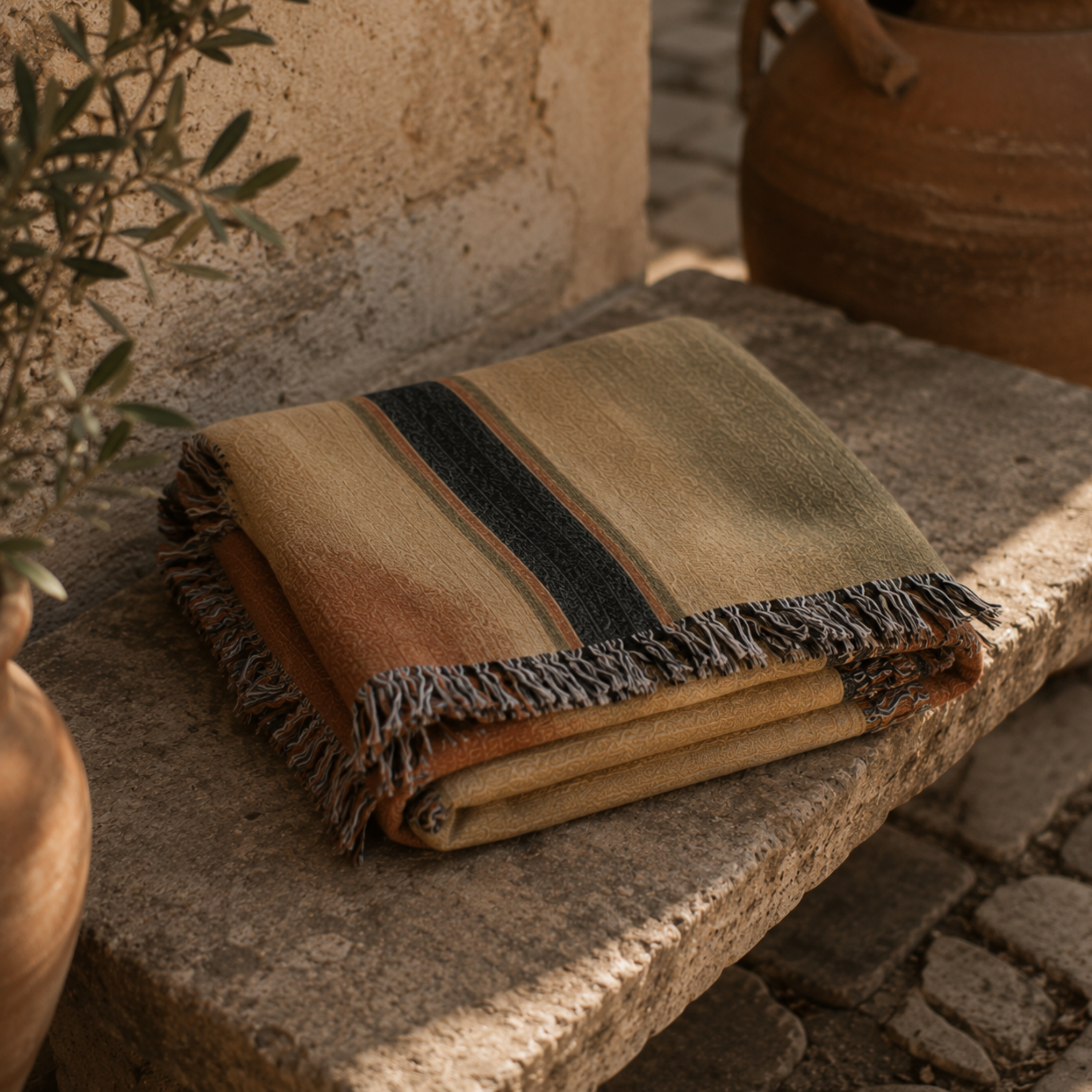 Santa Fe Drift southwestern woven cotton throw blanket folded, showing terracotta and sage stripe colorway with multicolor fringe detail