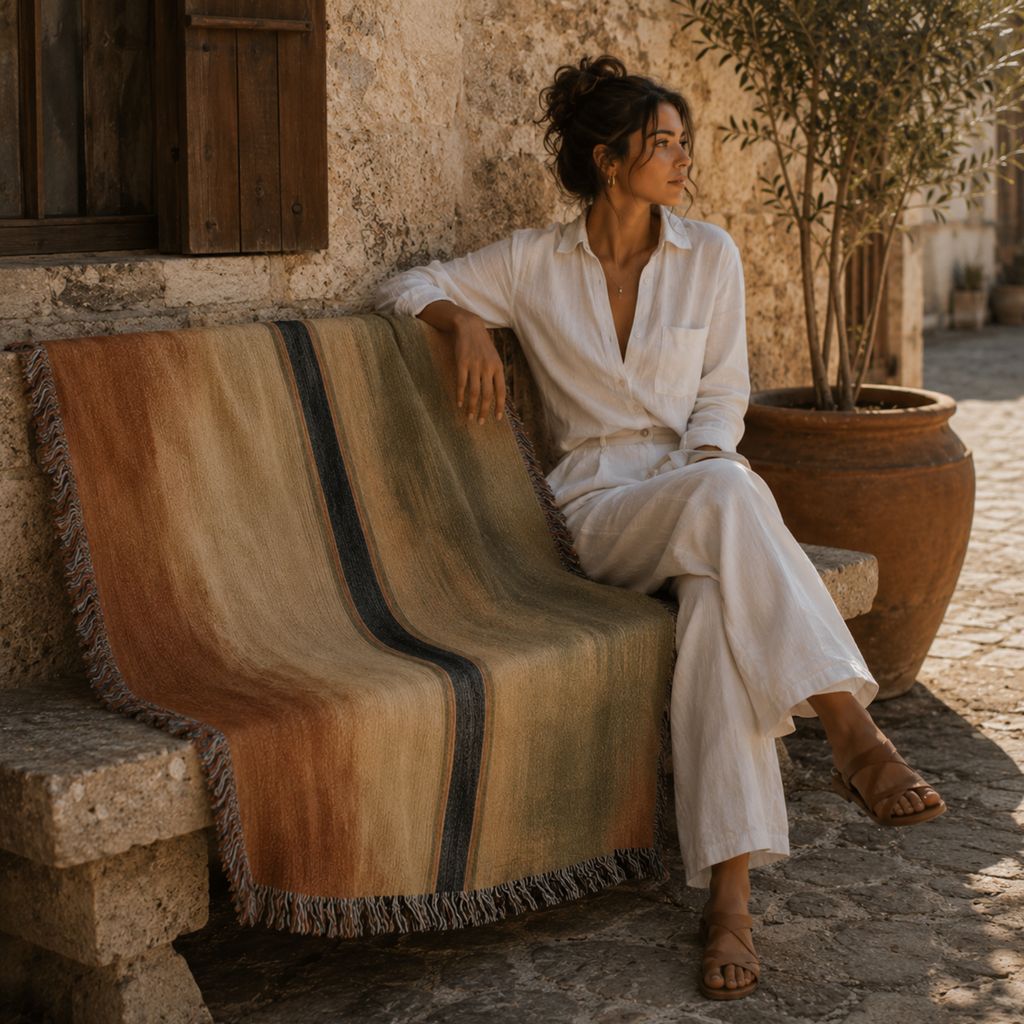 Woman walking through sun-warmed stone archway wrapped in Santa Fe Drift woven cotton throw blanket, sage and terracotta stripe with multicolor fringe, leather bag over shoulder